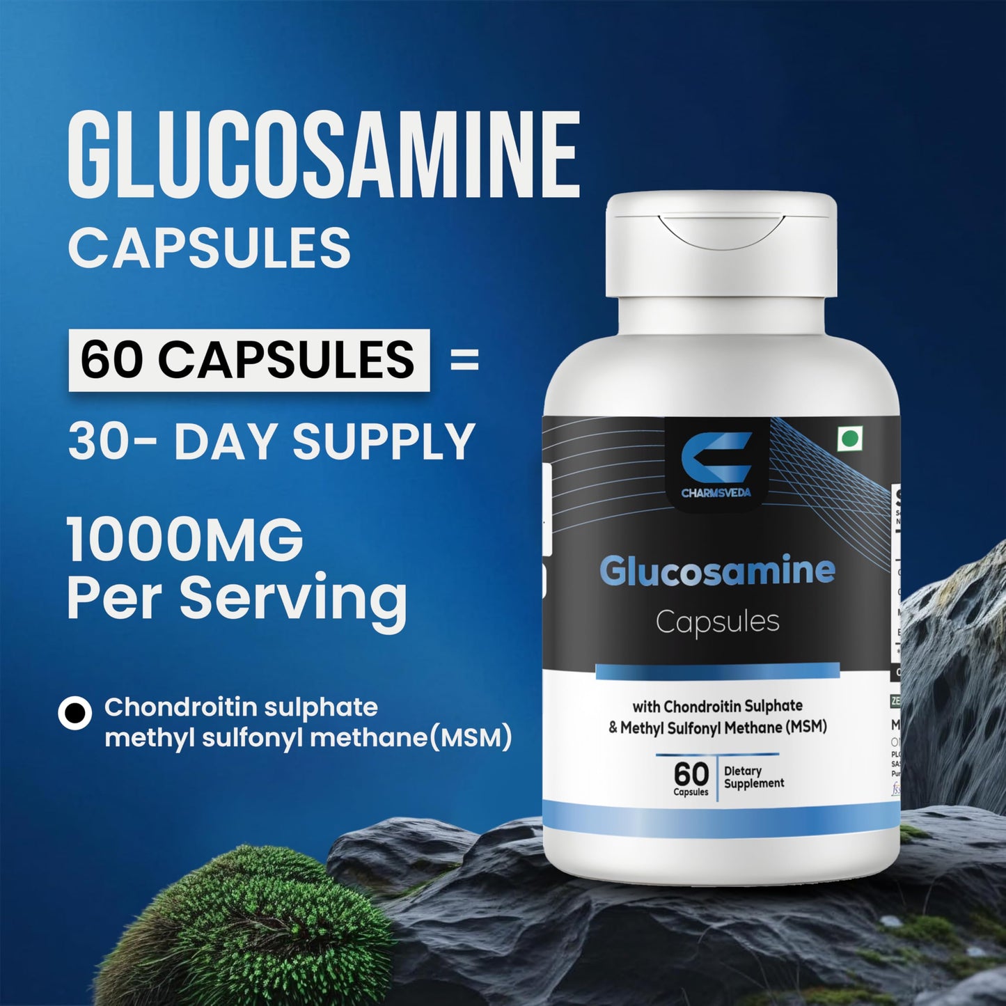 CHARMSVEDA Glucosamine with Chondroitin Sulfate, MSM & Black Pepper Extract Capsules, 60 Count