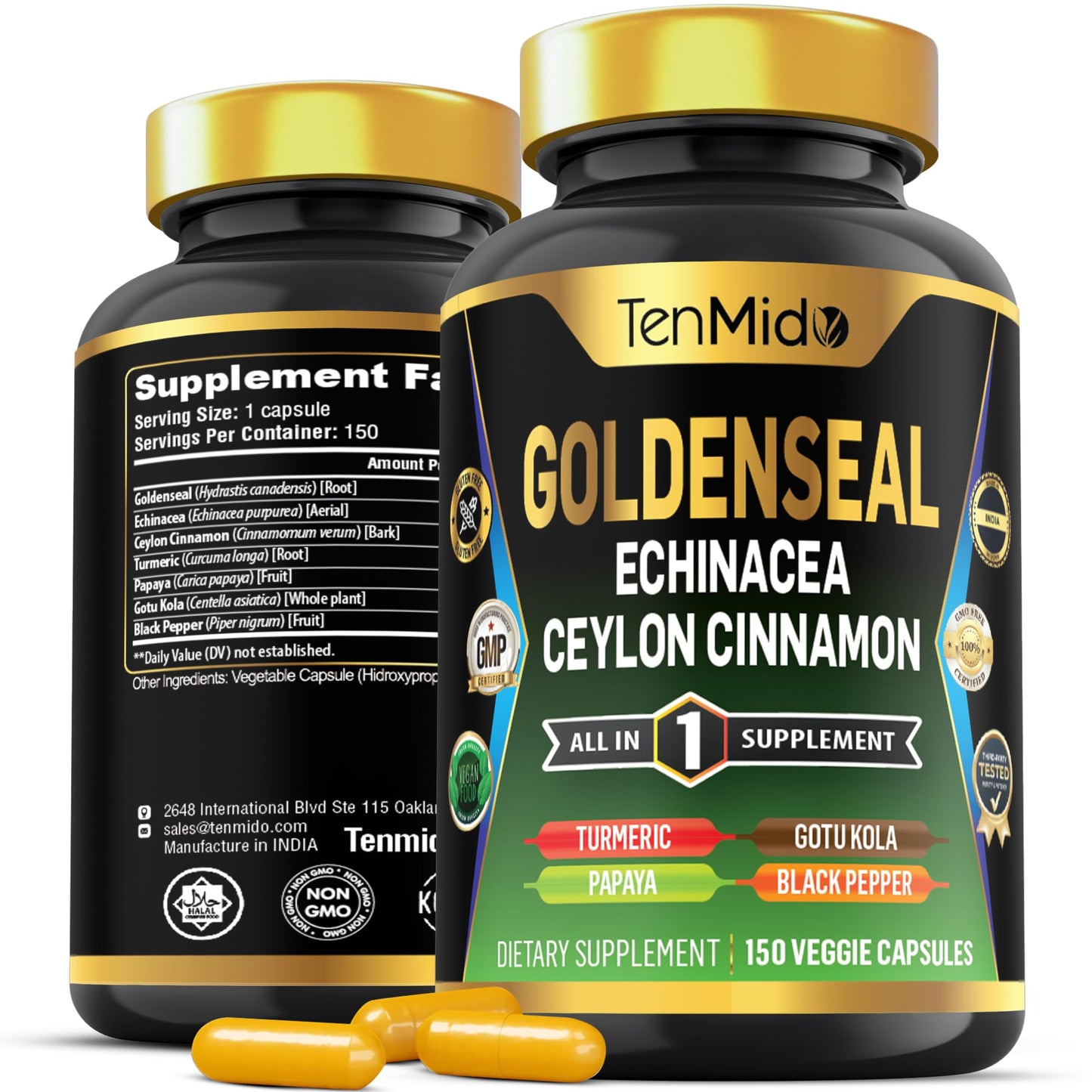 Tenmido Goldenseal Root Supplement Capsules, 150 Count