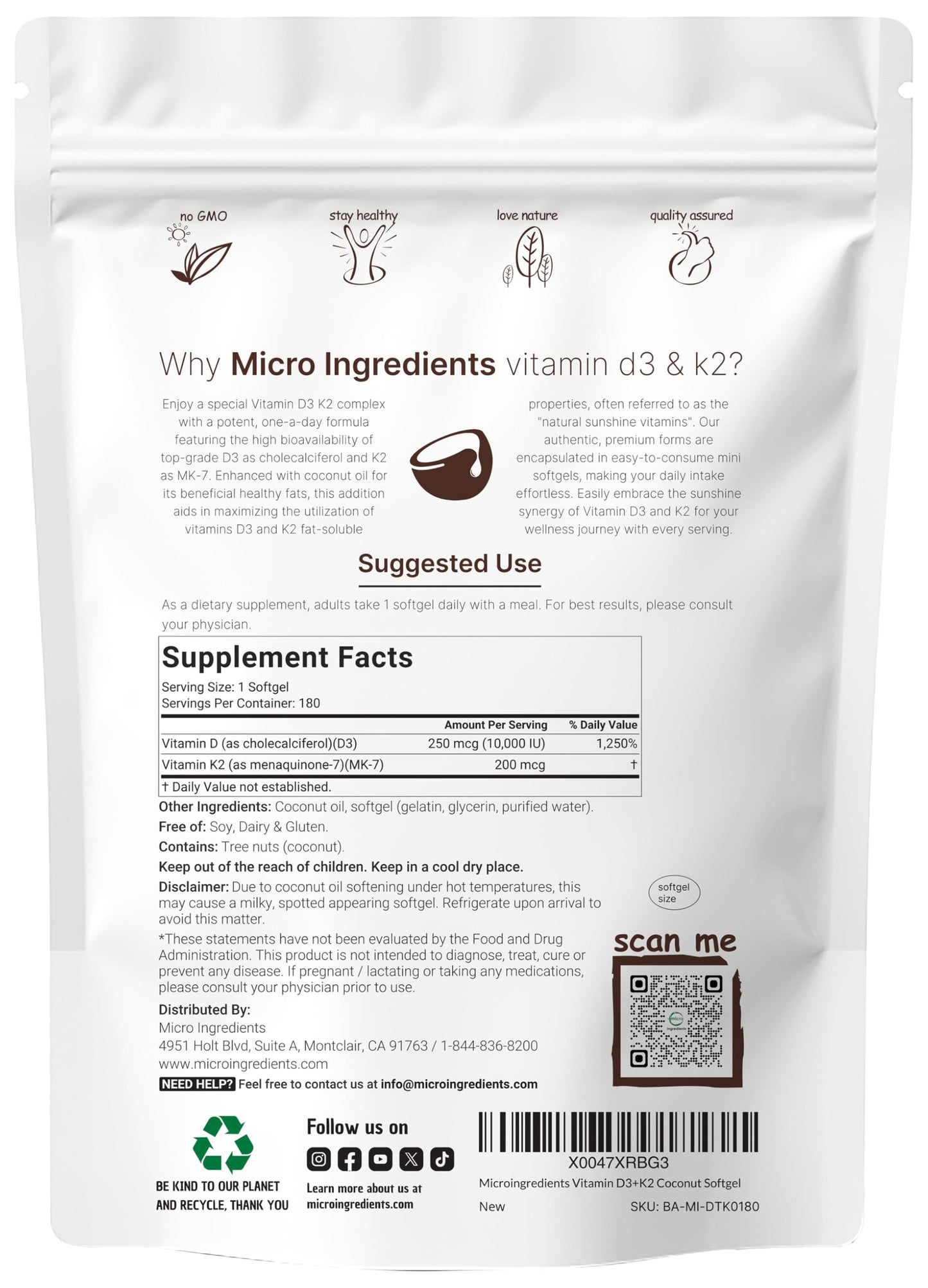 Micro Ingredients Vitamin D3 10,000 IU + K2 MK-7 200 mcg Capsule 180 Count