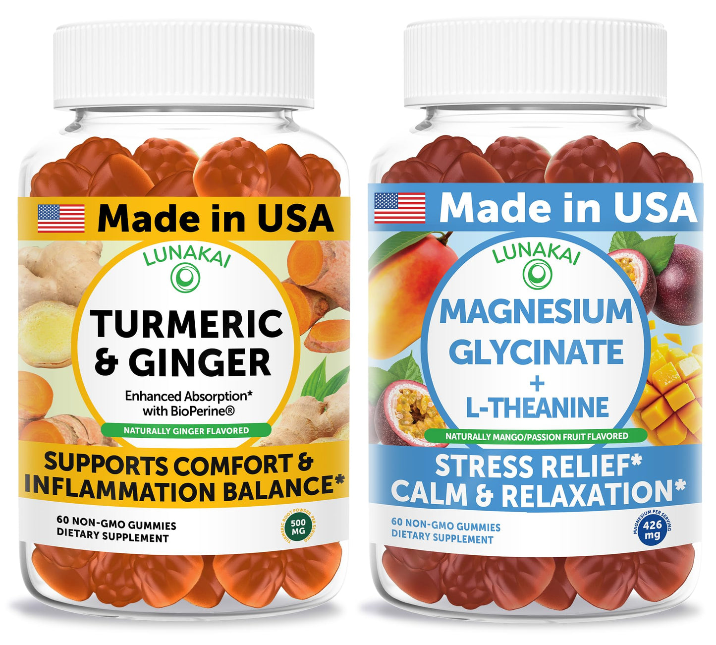 Lunakai Turmeric & Ginger + Magnesium Glycinate with L-Theanine Gummies Bundle, 120 Gummies