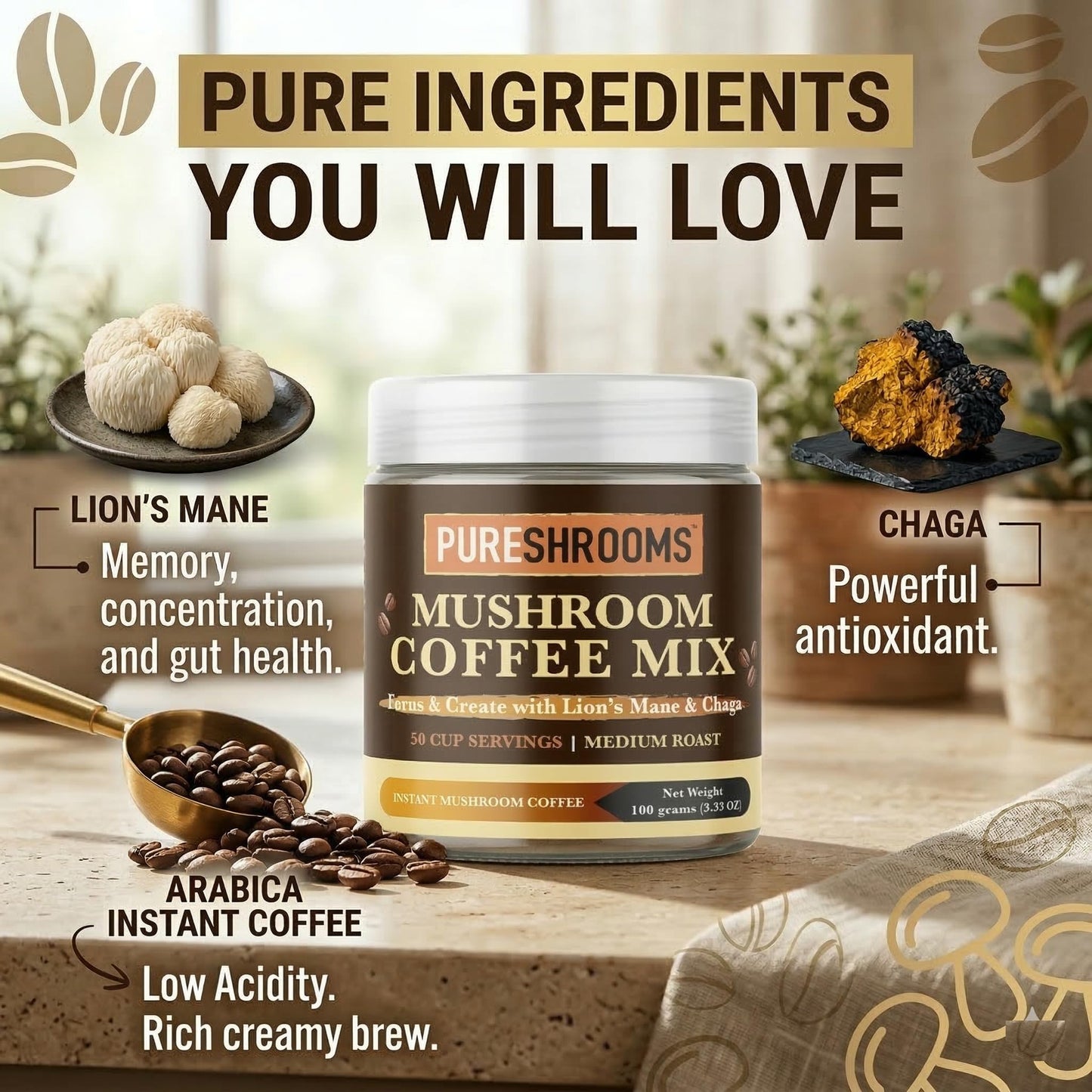 PureShrooms Focus & Create Organic Instant Mushroom Coffee with Lion's Mane & Chaga – Nootropic Brain & Immune Support, Powder, 3.53 oz
