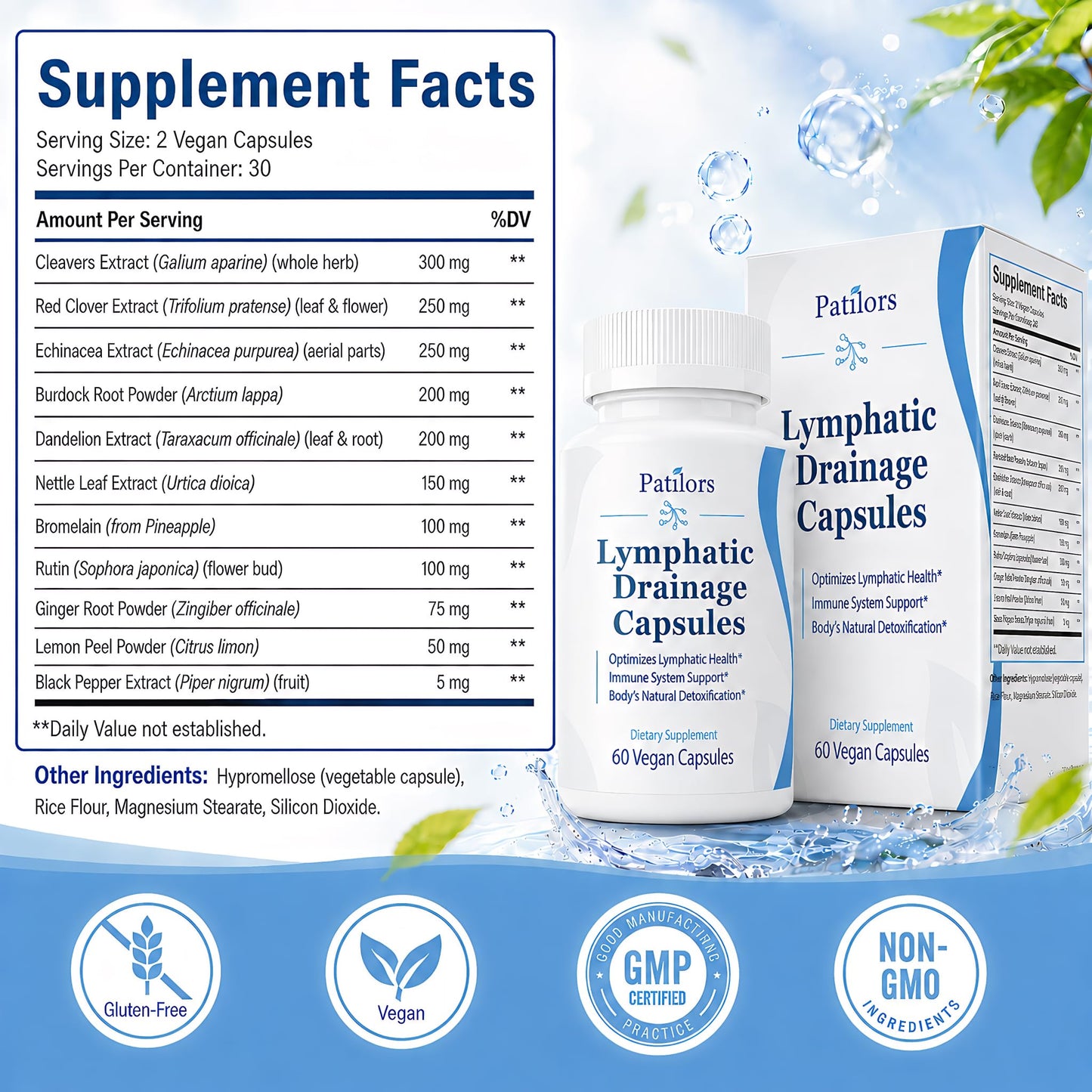 Patilors Lymphatic Drainage Supplements for Lymphatic Support, Body Cleanse & Fluid Balance, Immune Support with Cleavers, Red Clover, Echinacea, Burdock Root & Bromelain, 60 Capsules