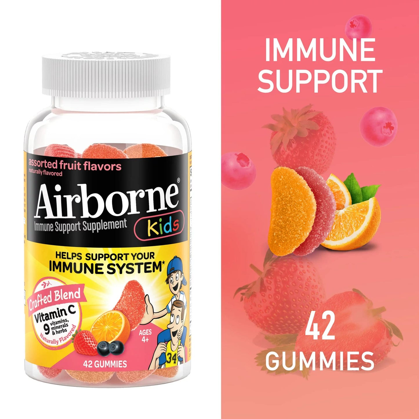 Airborne 500mg Vitamin C + Zinc Immune Support Gummies for Kids, Assorted Fruit Flavor, Gluten Free, 84 Gummies
