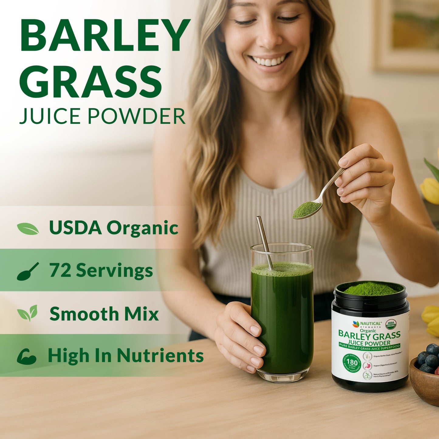 Nautical Elements Barley Grass Juice Powder Organic – Sourced from Utah’s Mineral-Rich Soil, Nutrient-Dense Barley Grass Powder – Raw & Cold-Processed Superfood, High Chlorophyll, 6.35