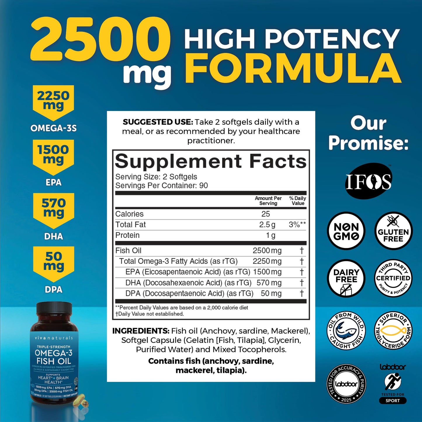 Viva Naturals Omega 3 Fish Oil Supplement for Women and Men - 2500 mg Triple Strength per Serving with EPA, DHA, DPA - 180 Softgels