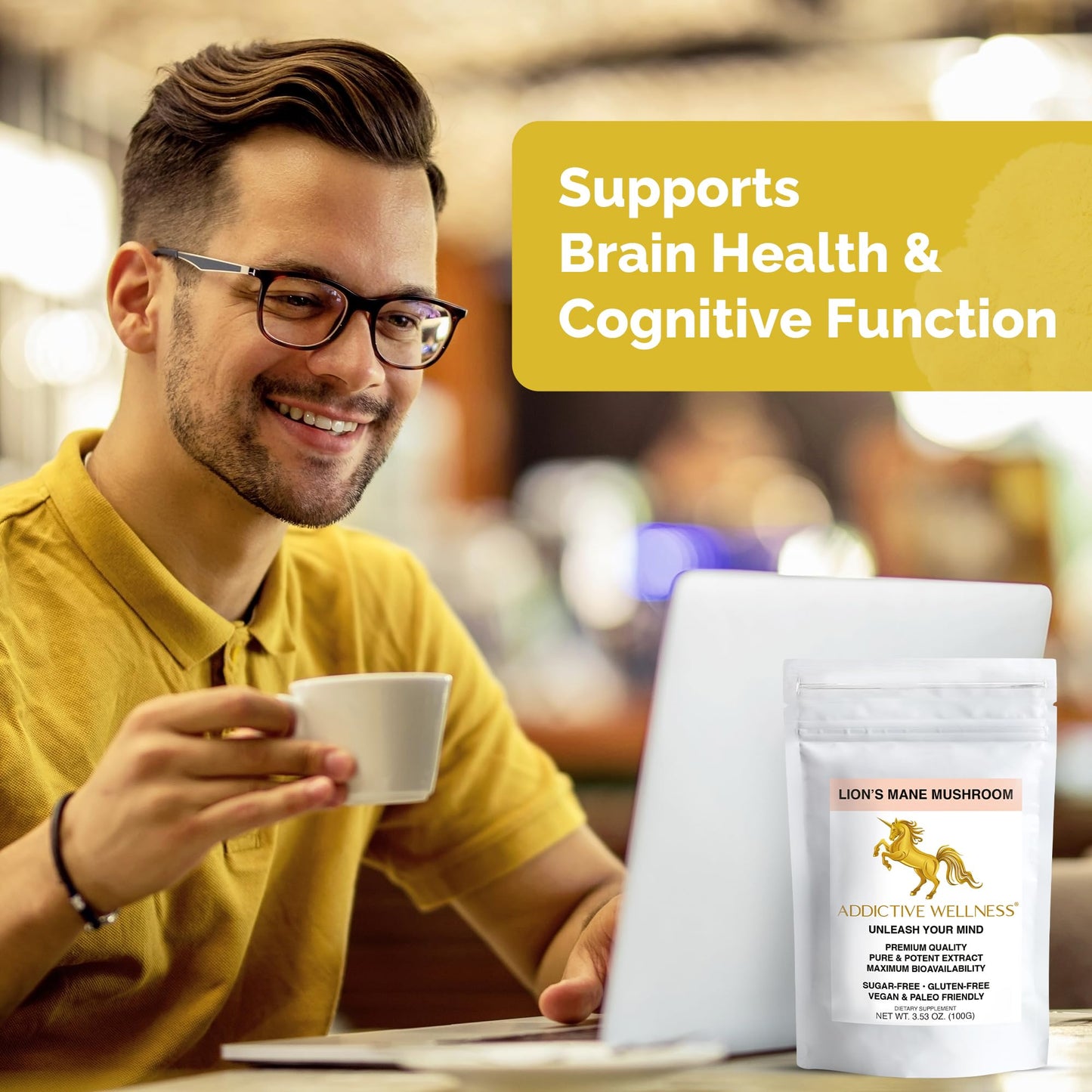 Addictive Wellness Lions Mane Mushroom Powder, Dual-Extract, 1500 mg, 3.53 oz