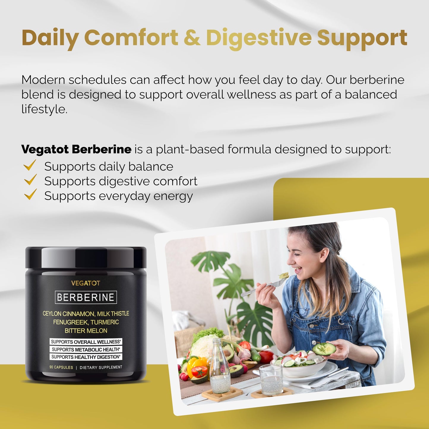 VEGATOT Berberine Supplement with Ceylon Cinnamon, Turmeric, Milk Thistle, Fenugreek Capsule, 90 Count