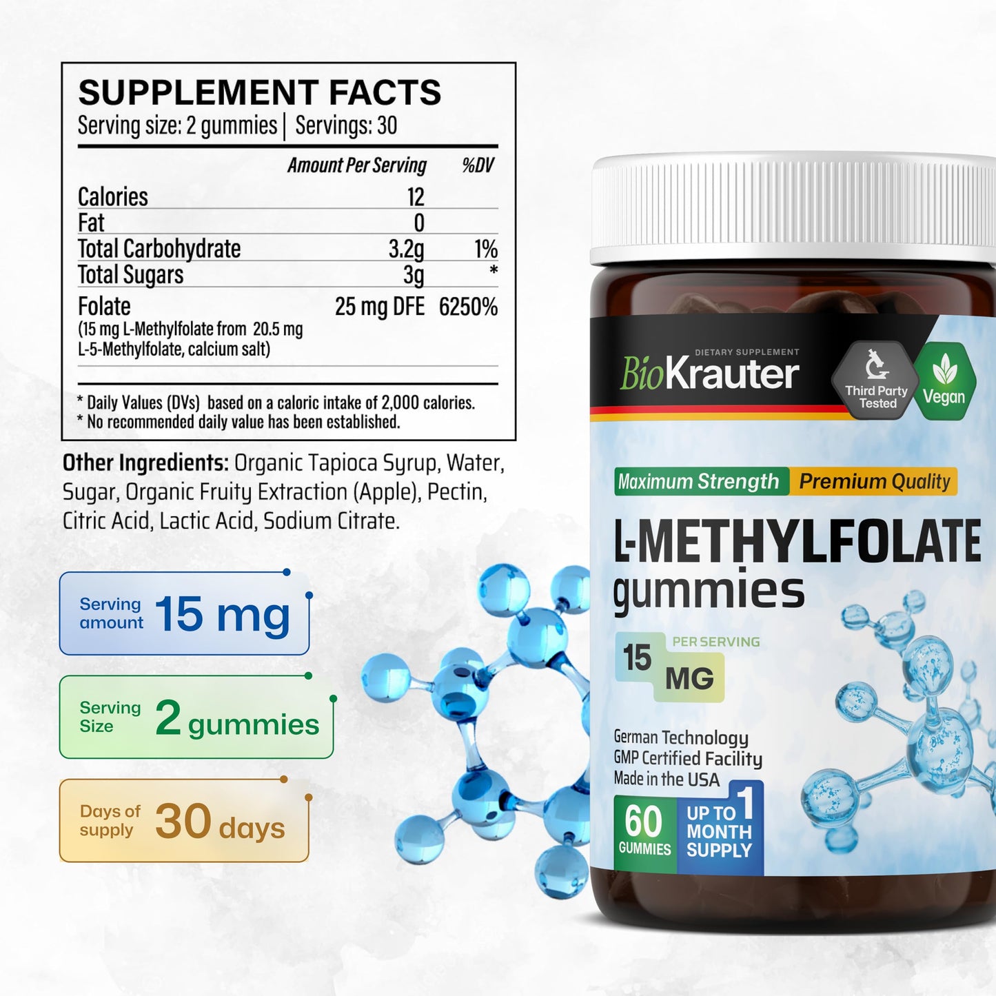BIO KRAUTER Hyaluronic Acid with Vitamin C for Skin Hydration Support Gummies 60