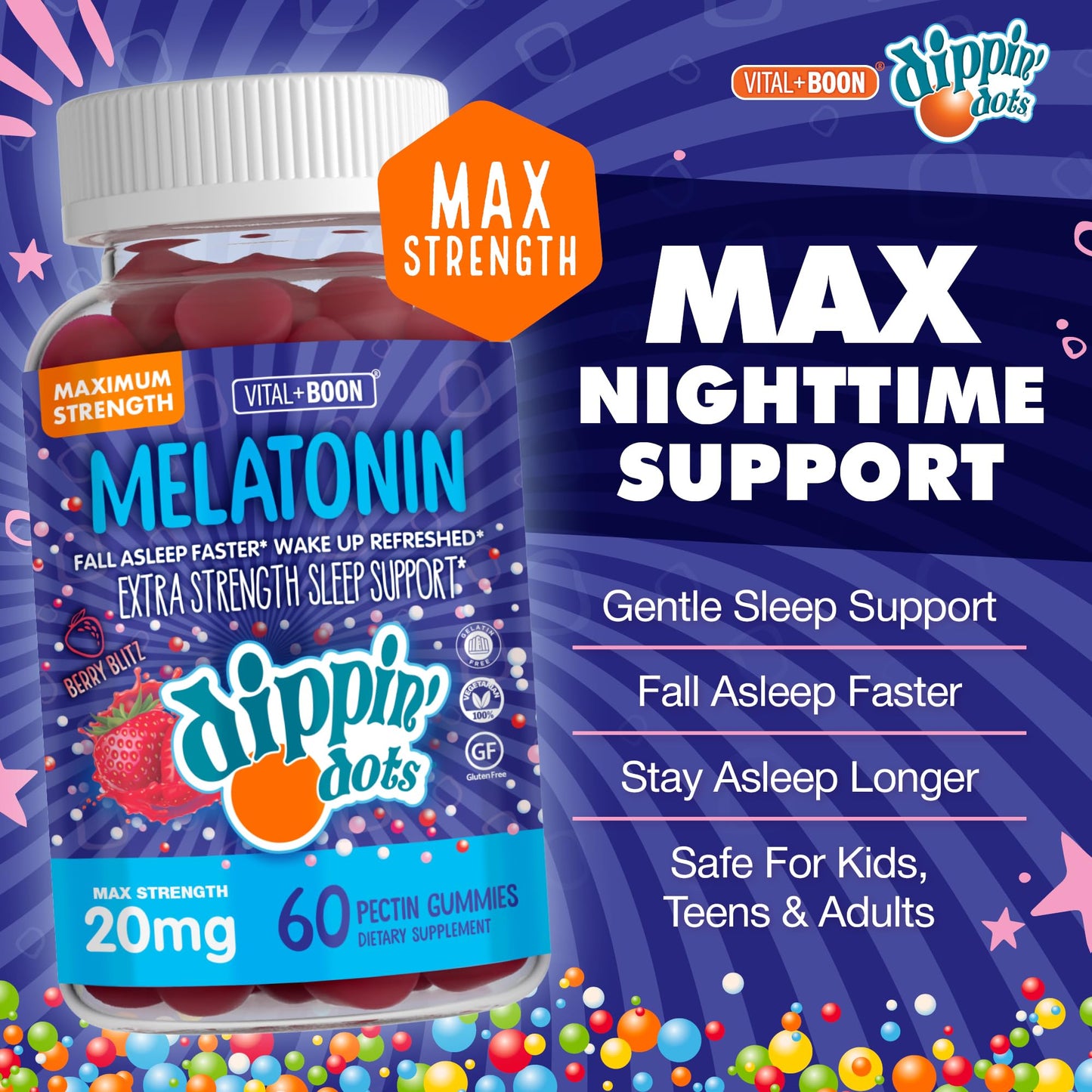 Vital+Boon Dippin' Dots Extra Strength Melatonin Gummies 20mg Sleep Aid, 60 Gummies