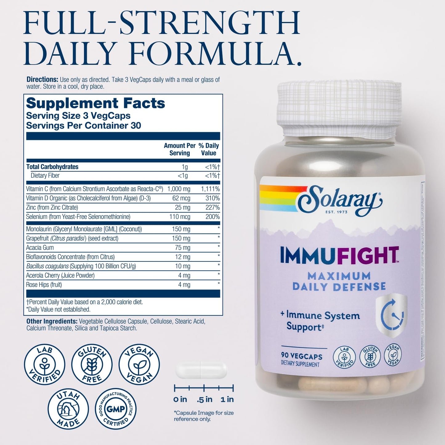 SOLARAY Immufight Maximum Daily Defense All Day Immune Support, Vitamin C, Vitamin D, Zinc, Probiotics, Monolaurin, Acerola & More Capsule, 90 Count