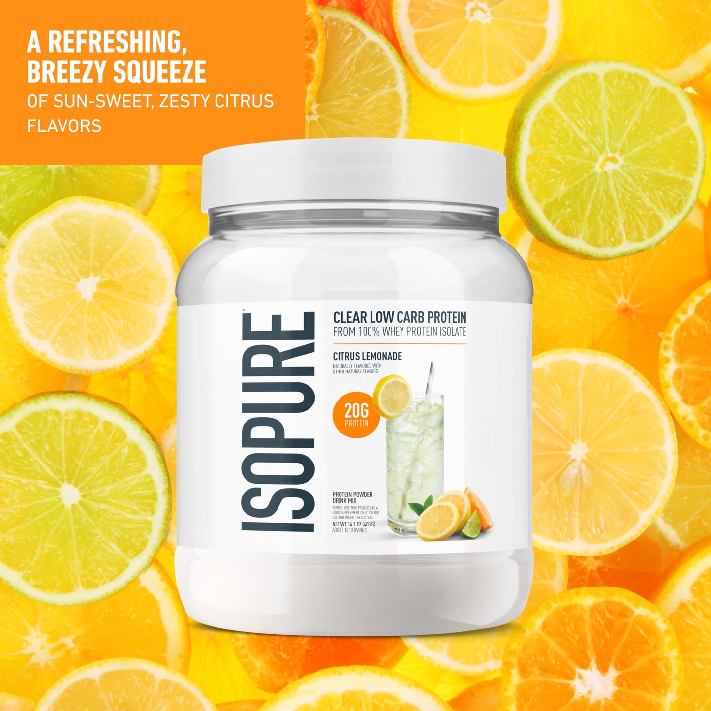 Isopure Clear Whey Isolate Protein Powder, Citrus Lemonade, Lactose Free, Gluten Free, Naturally Flavored, 20g Protein Per Serving, 14.1 oz, 16 Servings