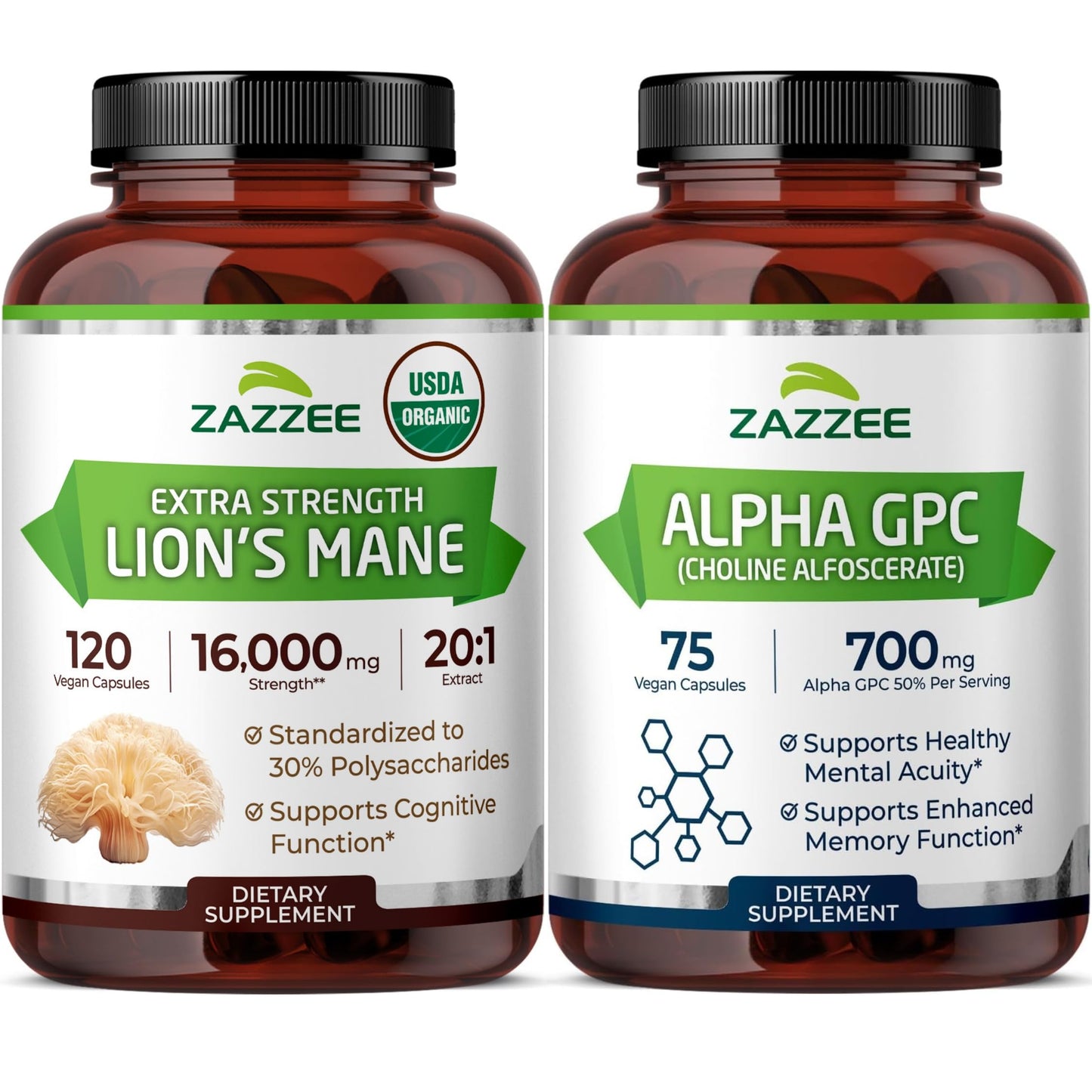 Zazzee Alpha GPC and Organic Lions Mane Supplement Capsules, 195 Capsules