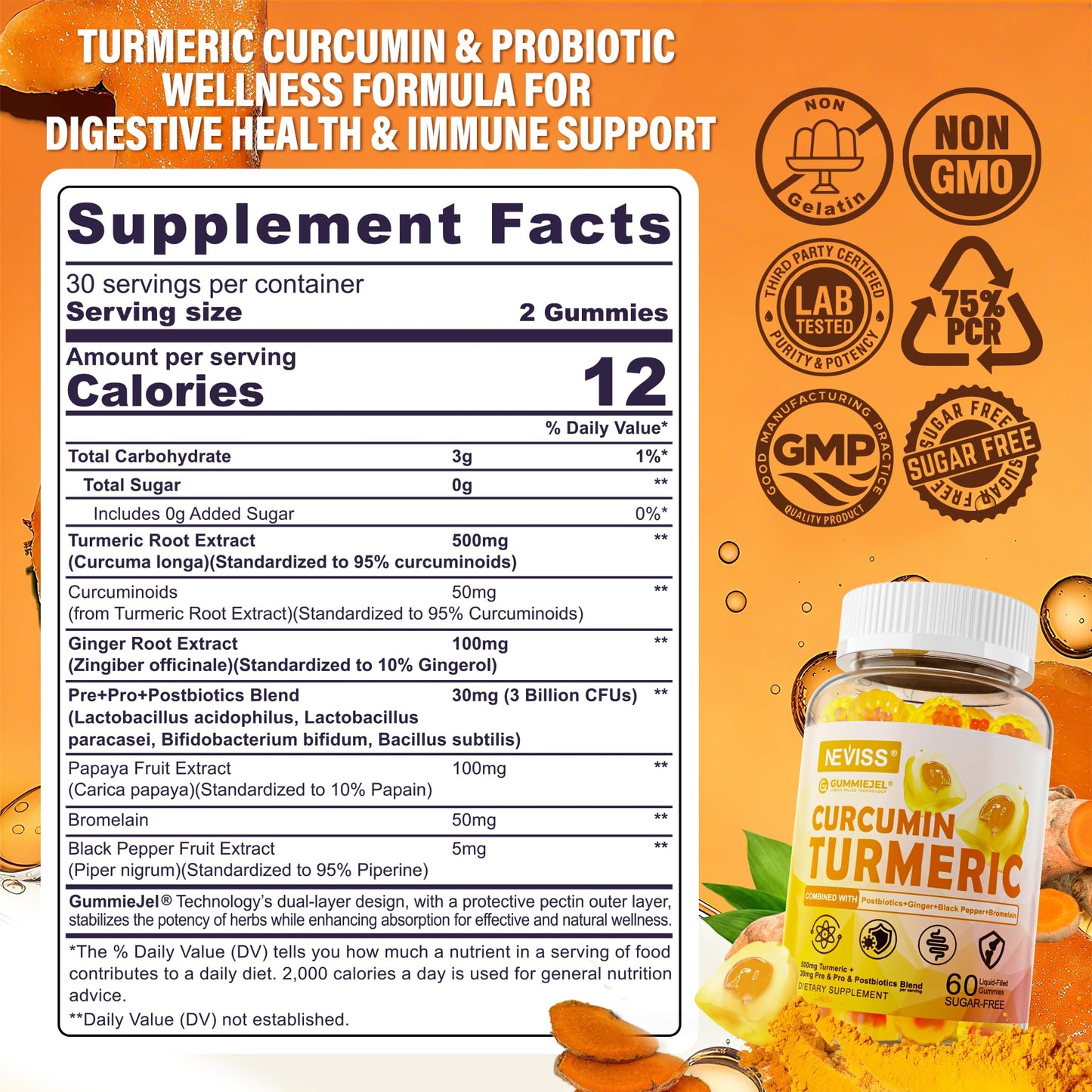 NEVISS Turmeric Curcumin Filled Gummies 550mg with Ginger & Black Pepper, Sugar Free, 60 Count