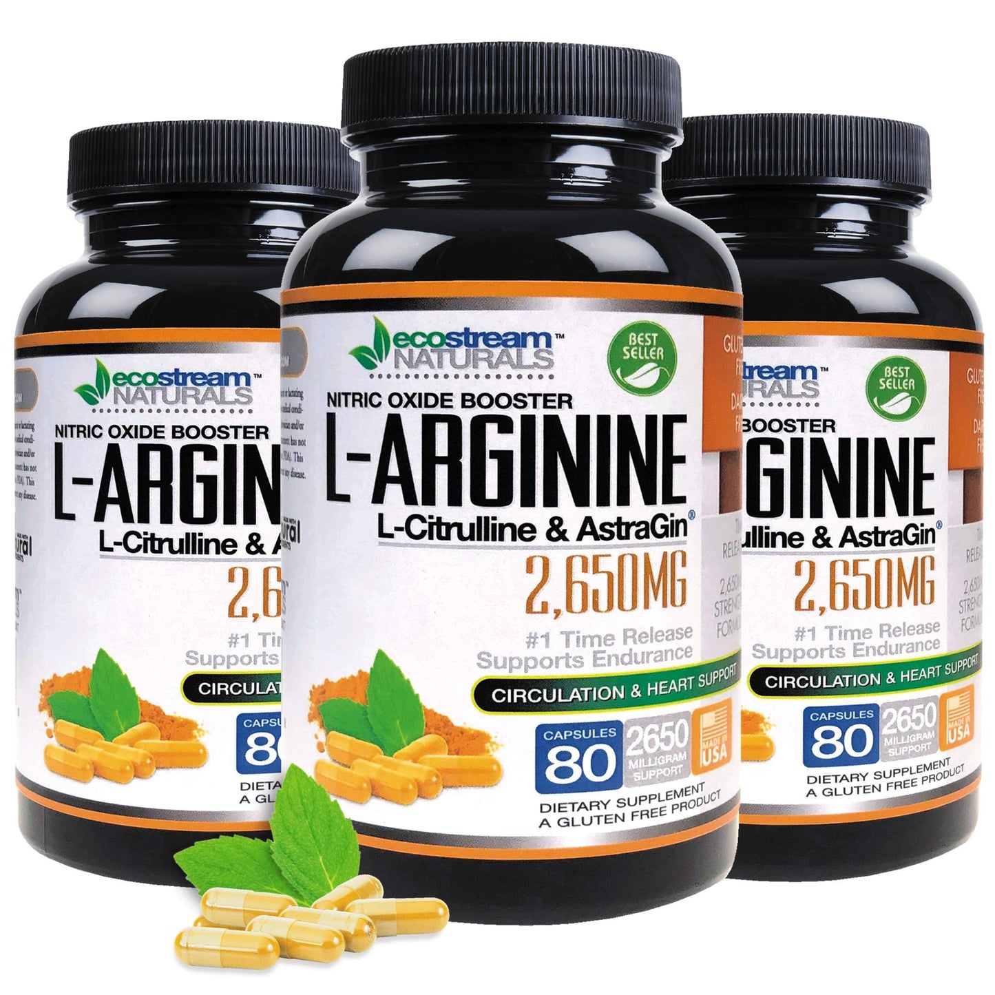 ecostream Naturals MAX 2650mg Nitric Oxide Booster L-Arginine - L-Citruline and Astragin - Time Release 2650 MAX Formula Capsule 80 Count