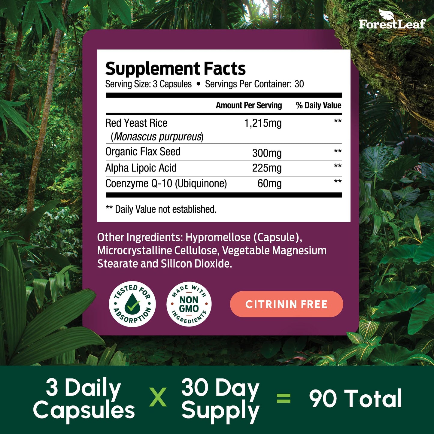 ForestLeaf Red Yeast Rice 1215 mg Capsules, 90 Veggie Caps