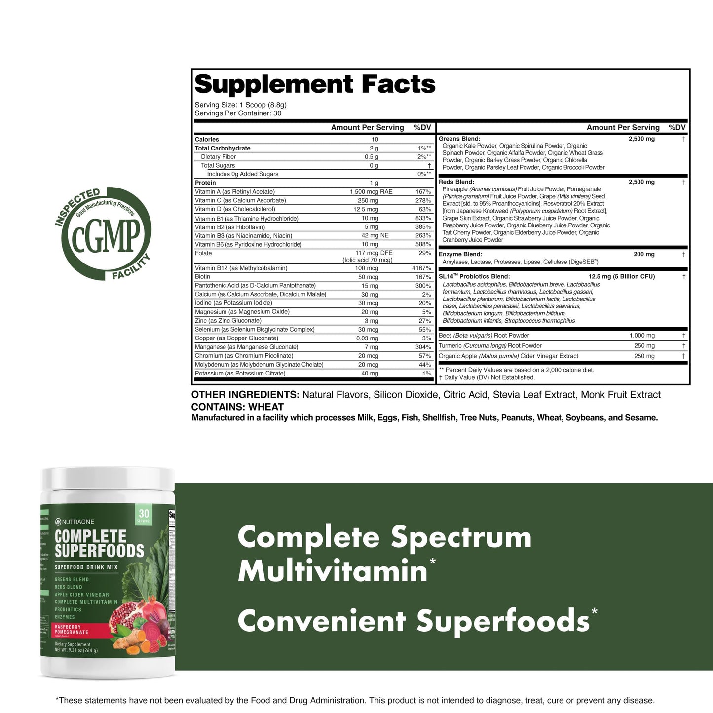 NutraOne Complete Superfoods, Greens & Reds Blend, Apple Cider Vinegar, Digestive Enzyme Blend, Probiotic Blend, Multivitamin Powder 9.31 oz
