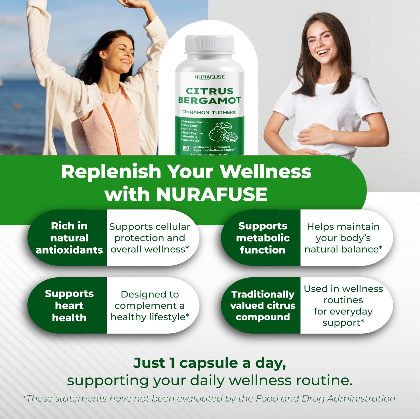 NURAFUSE Citrus Bergamot 9-in-1 Formula with Cinnamon Turmeric Odorless Garlic, Olive Leaf, Artichoke Capsules 150