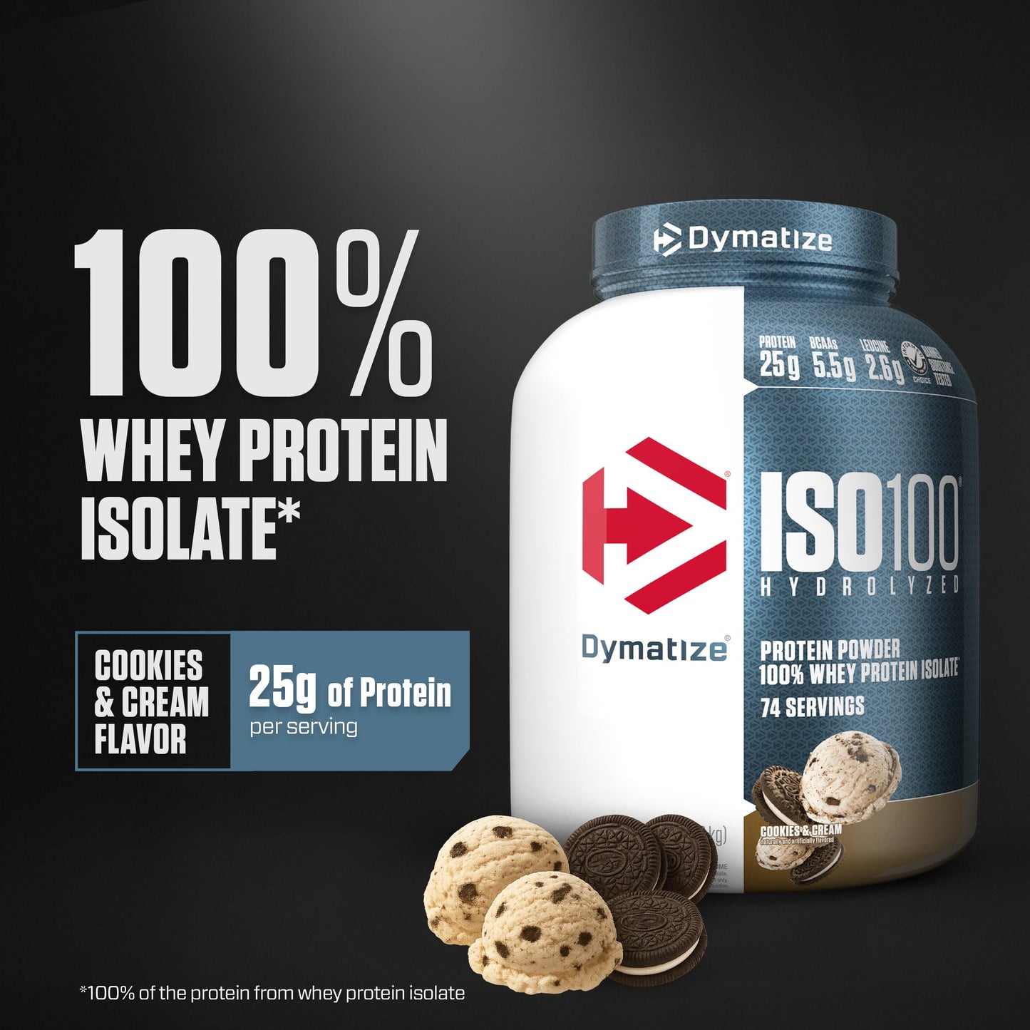 Dymatize ISO100 Whey Isolate Protein Powder Cookies & Cream, 5 lb, 80 Servings