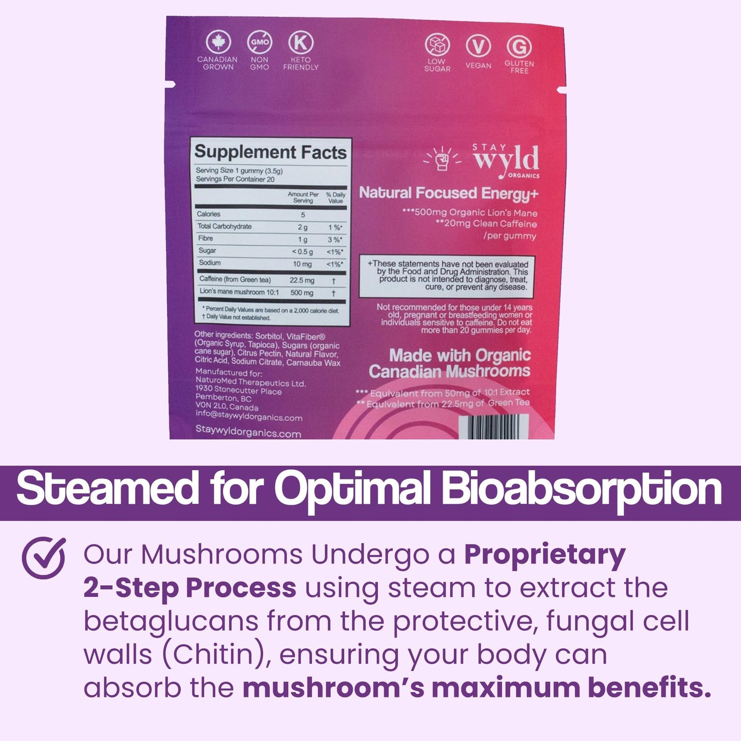 Stay Wyld Organics Focused Energy+ Mushroom Gummies, 20 Count