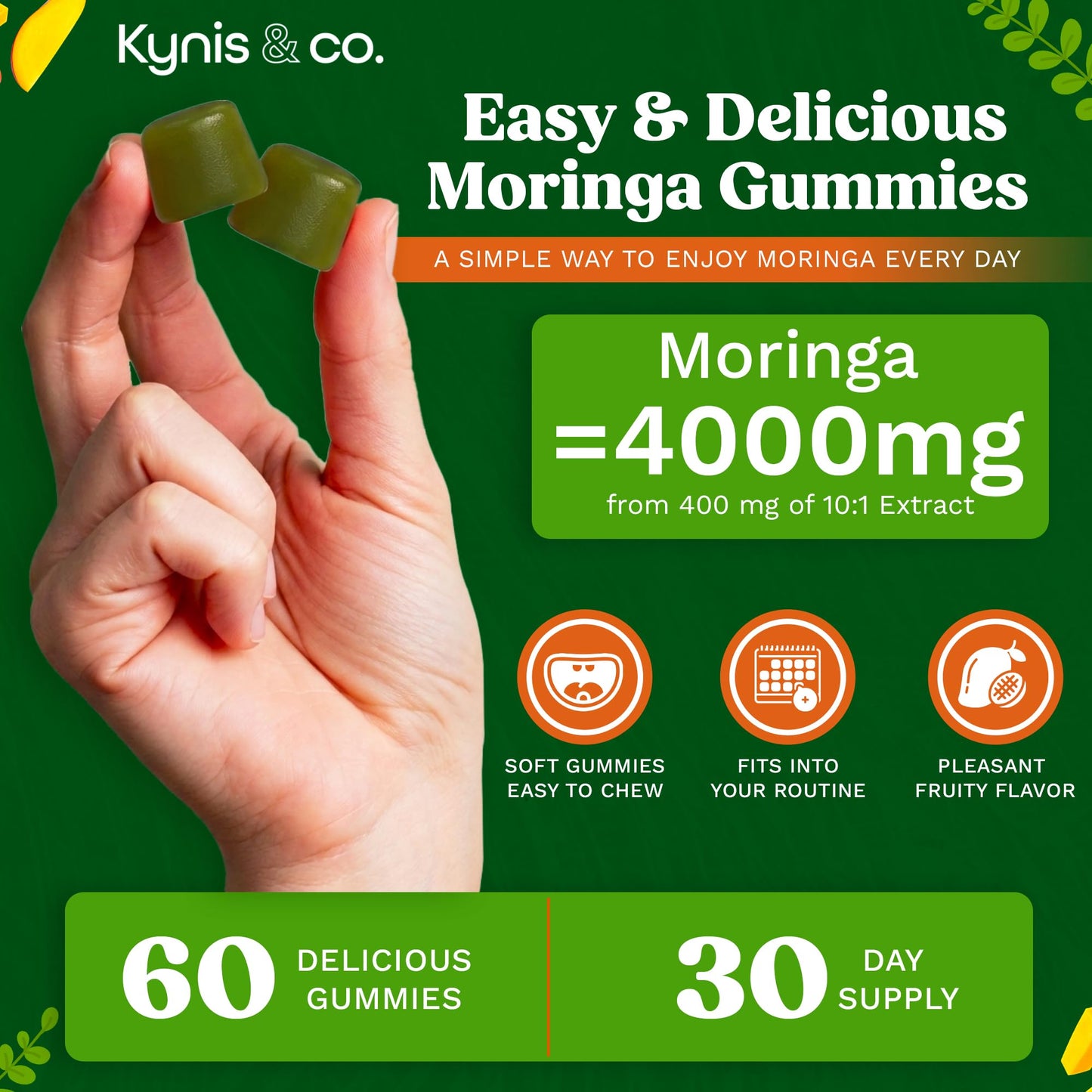 Kynis & co. Moringa Gummies – 400mg Moringa Leaf Extract with Zinc & Vitamin C – Sugar-Free, 60 Gummies
