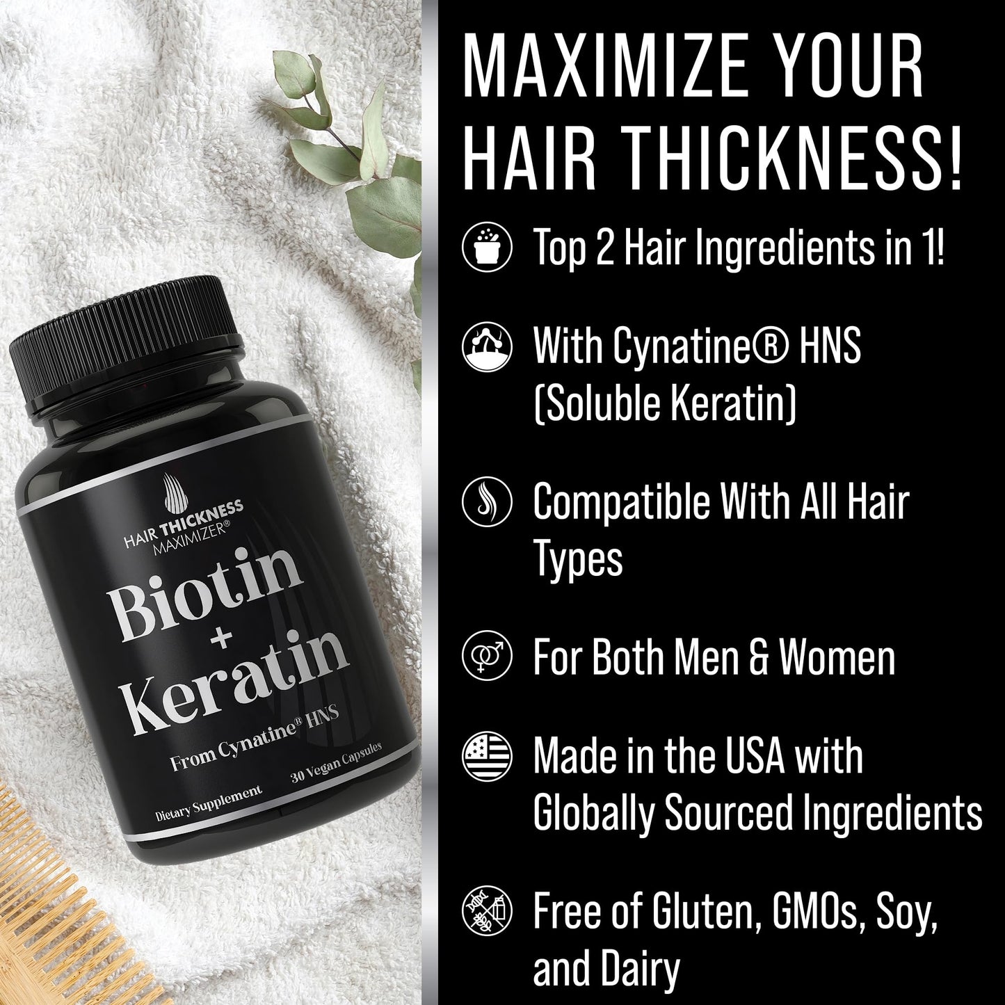 Hair Thickness Maximizer Clinically Studied Keratin Cynatine HNS + Biotin 10000mcg for Hair Growth Capsule 30 Count