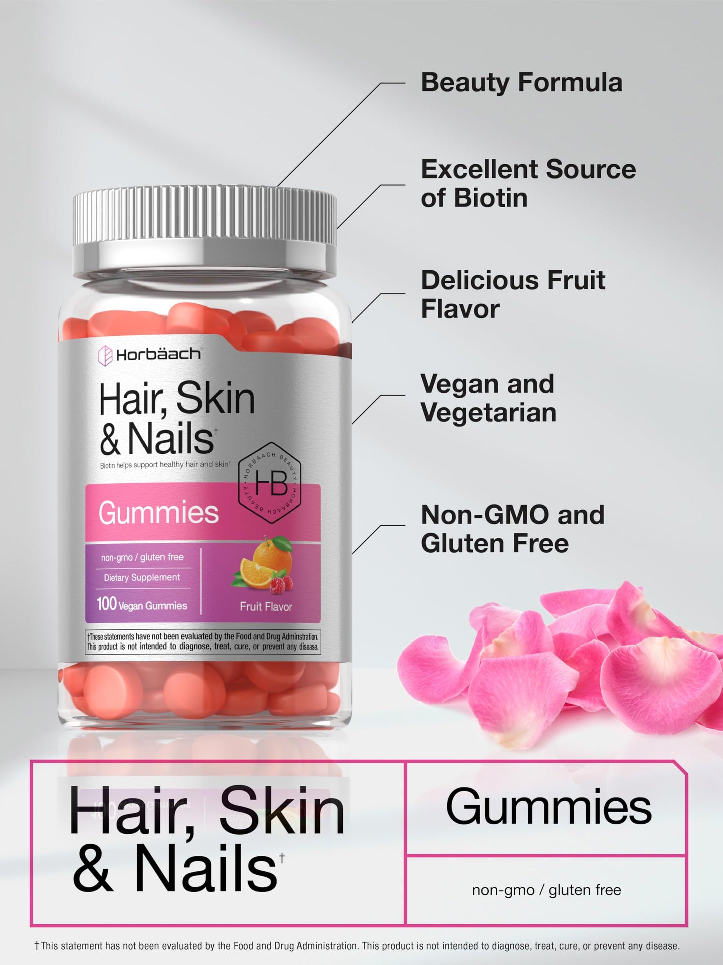 Horbäach Hair Skin and Nails Gummies, 100 Count, with Biotin, Non-GMO, Gluten Free