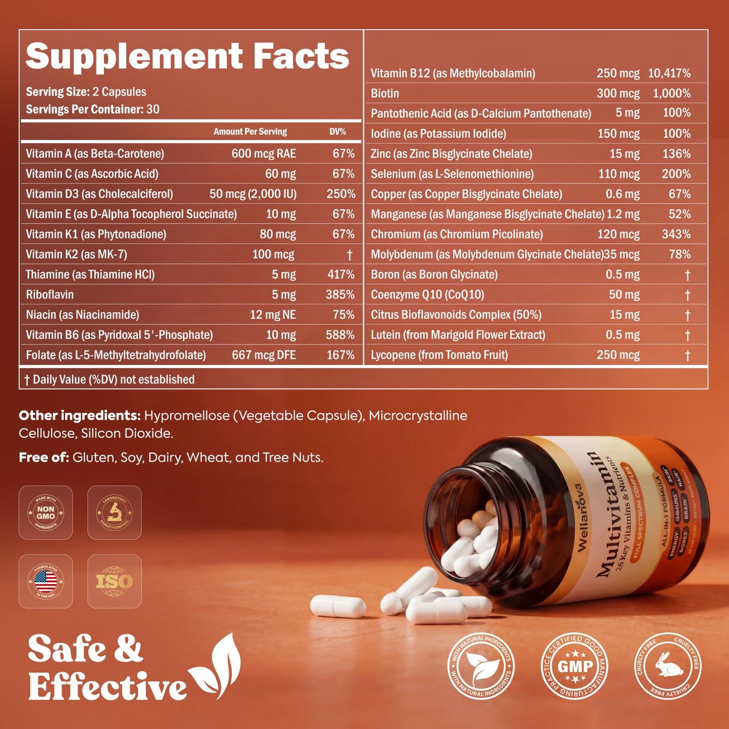 Wellanova Multivitamin for Women & Men 50 and Over – Daily 26 Key Vitamins, Minerals 60 Capsules