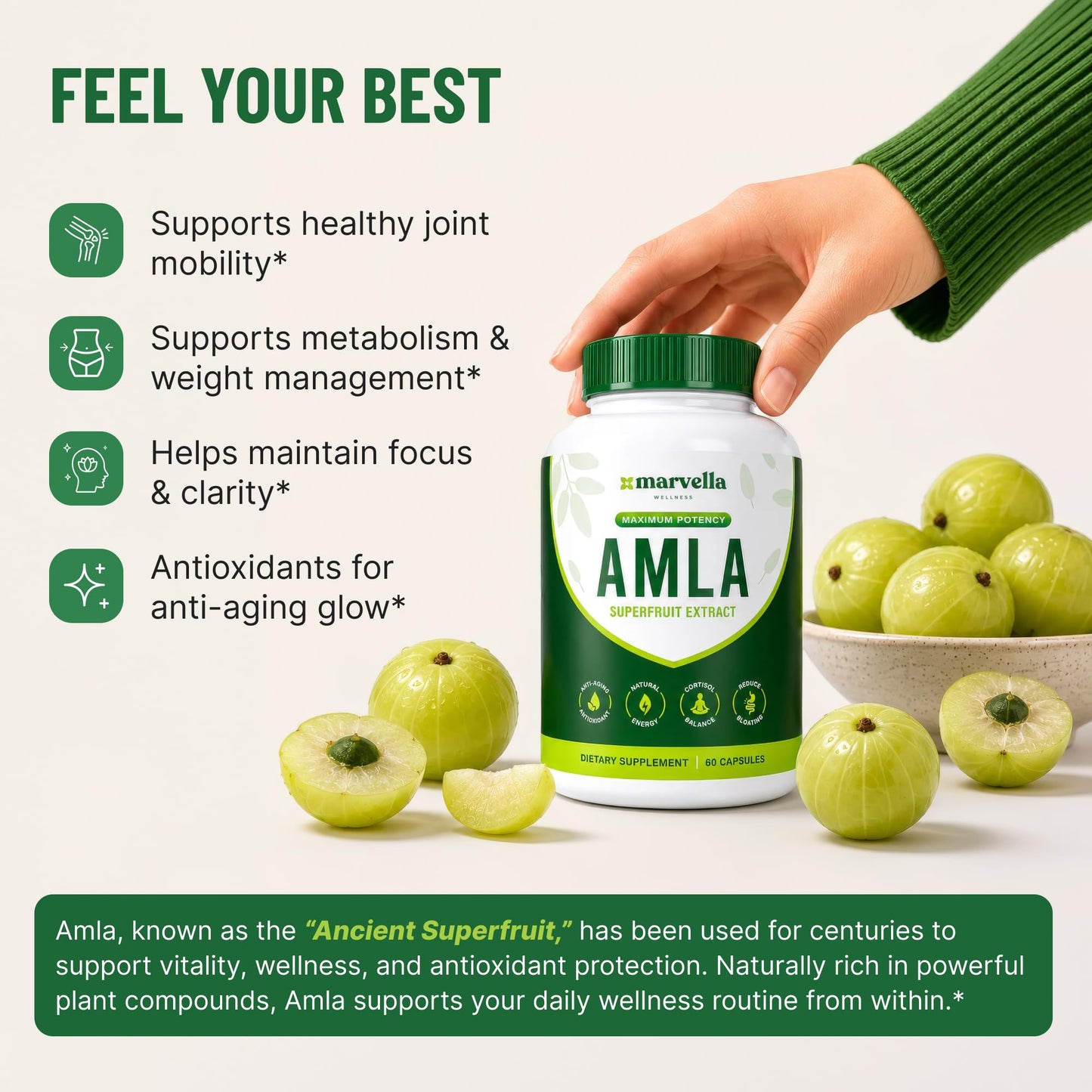 Marvella Wellness Organic Amla Capsules 1000mg, 60 Capsules