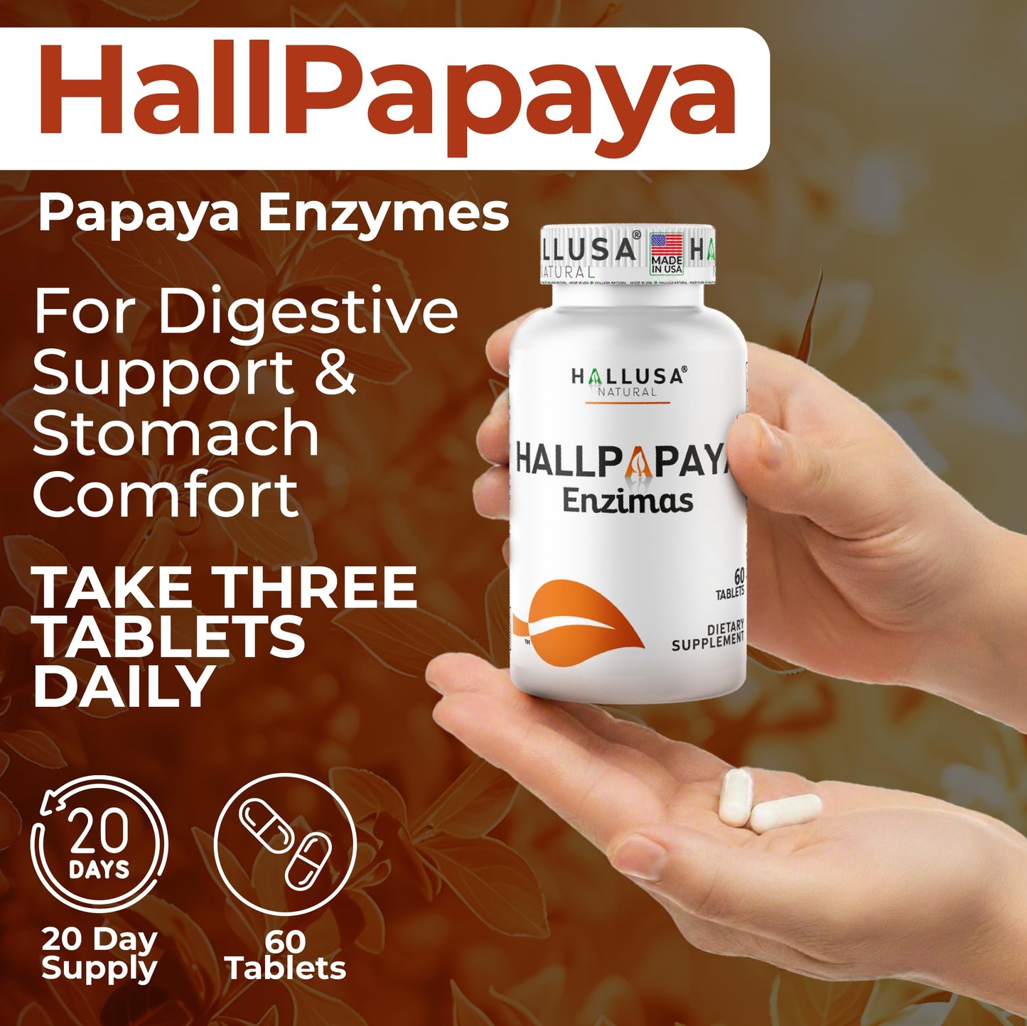 Hallusa Natural Papaya Enzyme Tablets, 60 Count