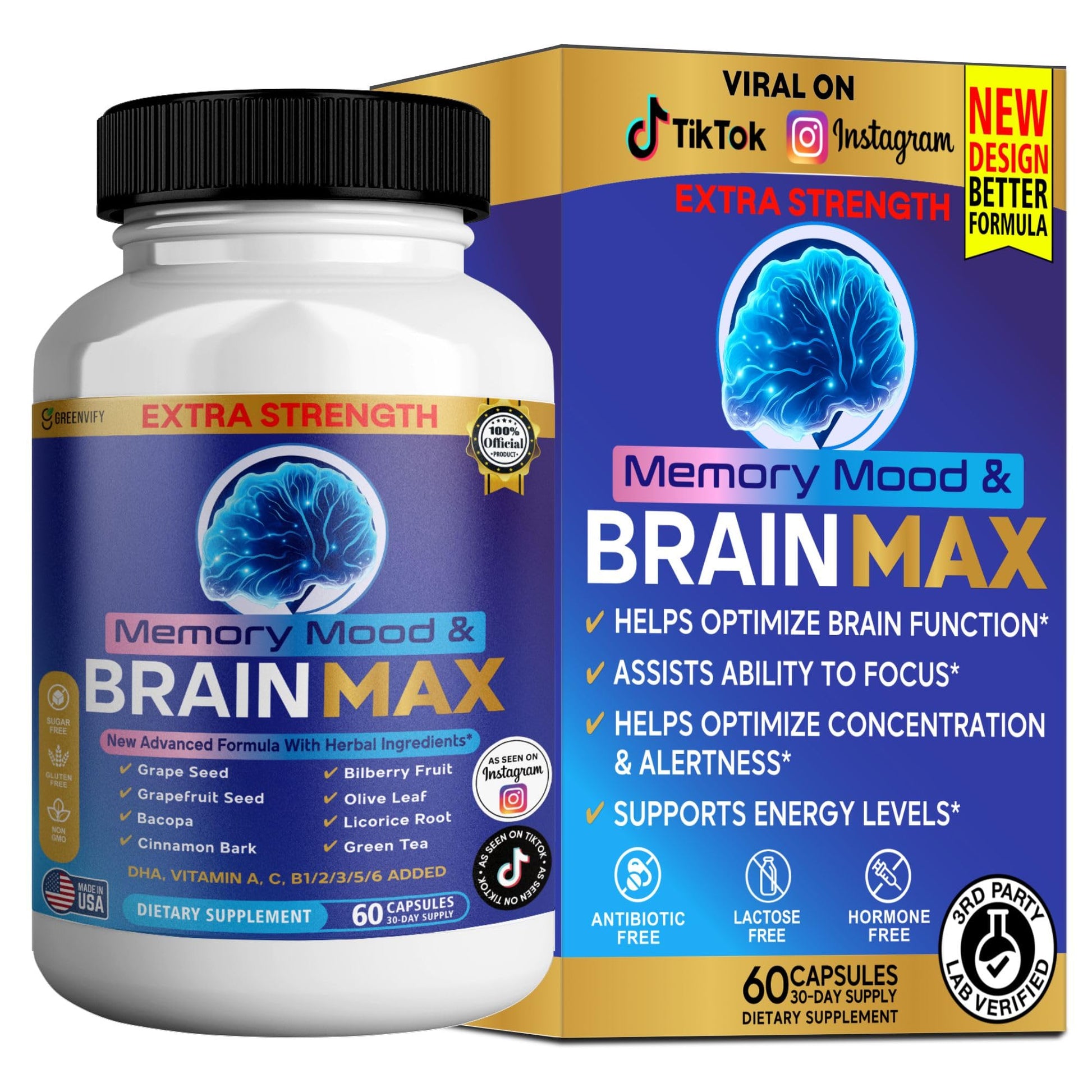 GREENVIFY Memory, Mood & Brain Max Extra Strength Supplement with Herbal Ingredients Capsules, 60