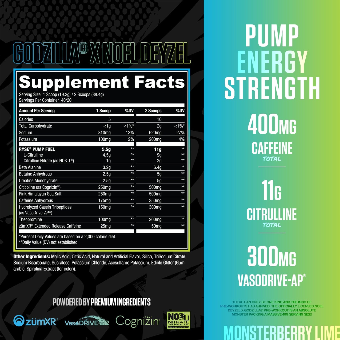 RYSE Up Supplements Godzilla X Noel Deyzel Pre Workout Powder - Monsterberry Lime - 28 Servings