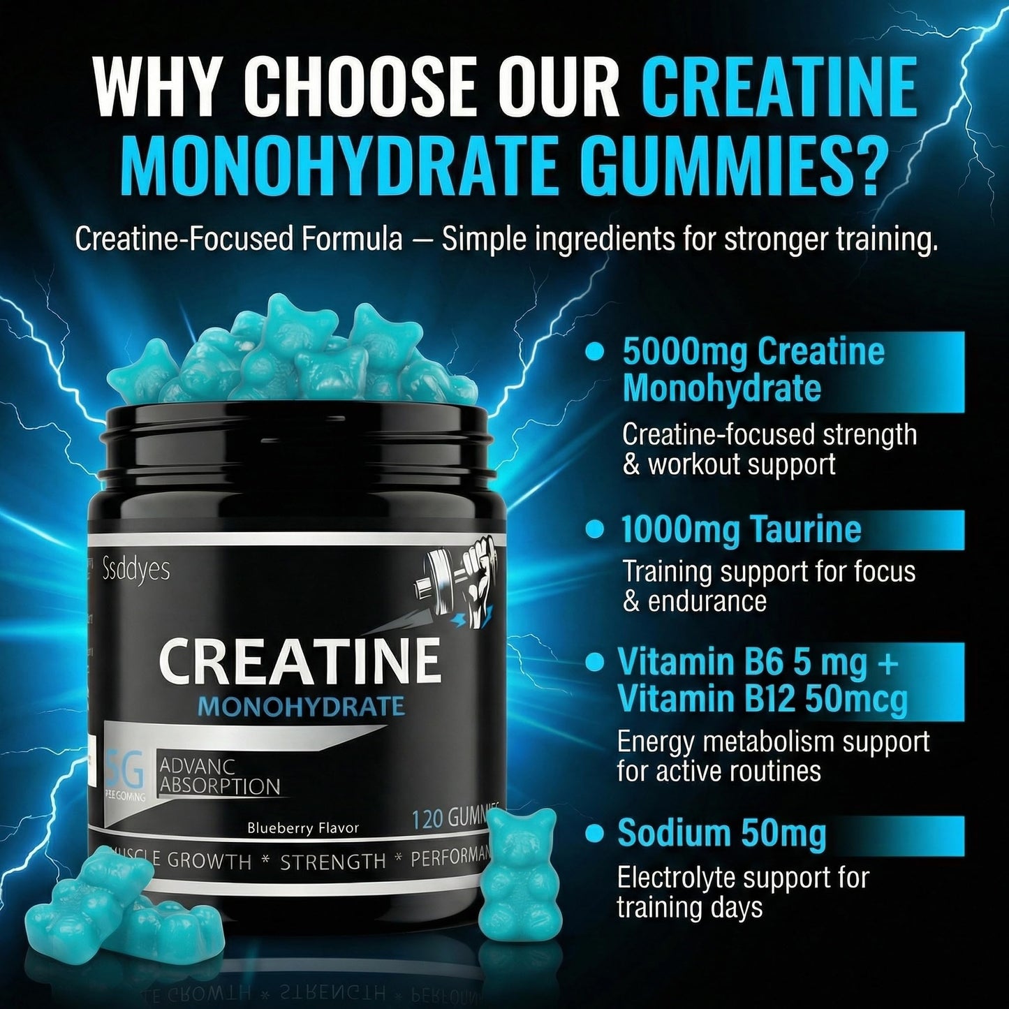Ssddyes Creatine Monohydrate Gummies, 120 Gummies