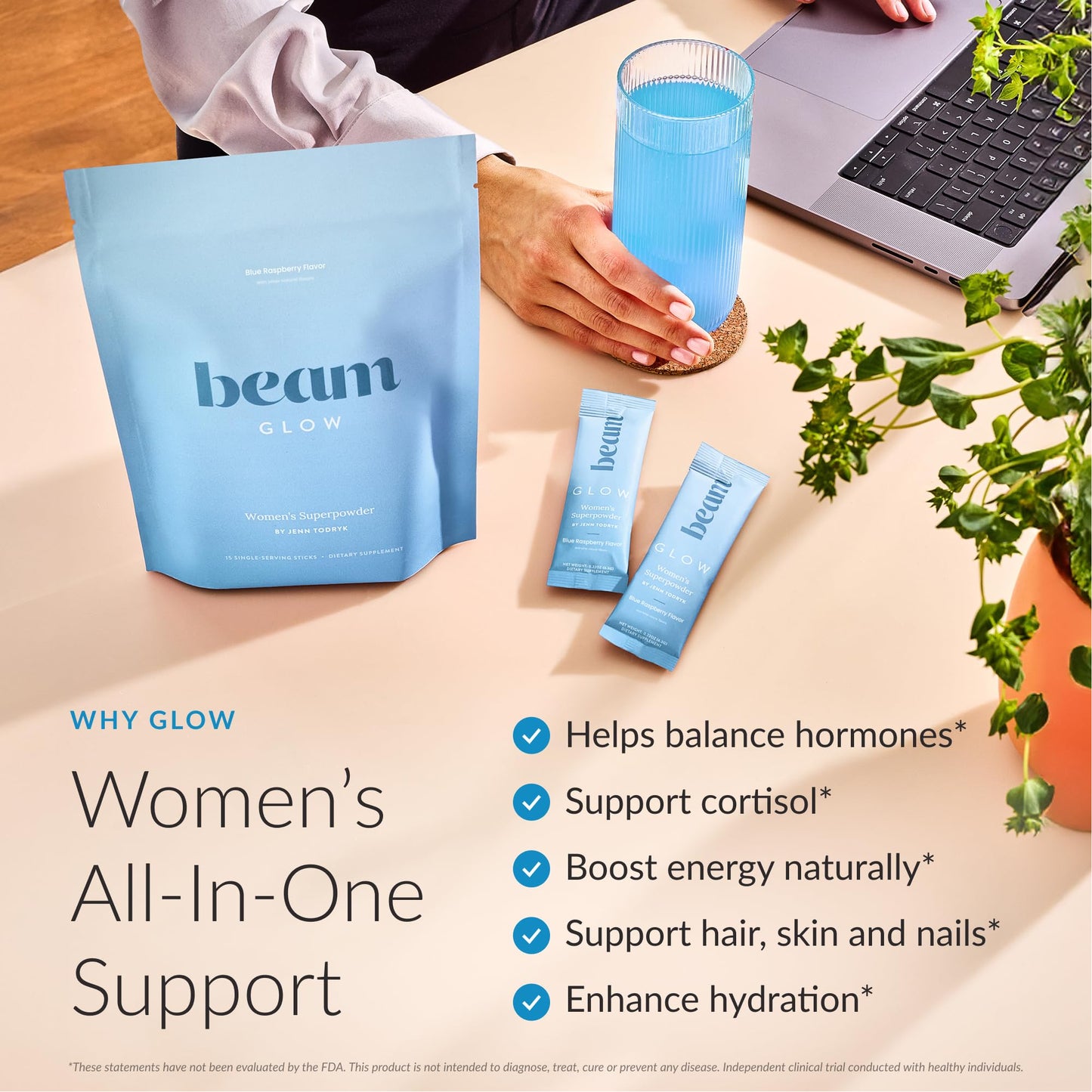 BEAM Glow Hormone Support & Cortisol Supplement for Women Blue Raspberry Powder 30 Servings