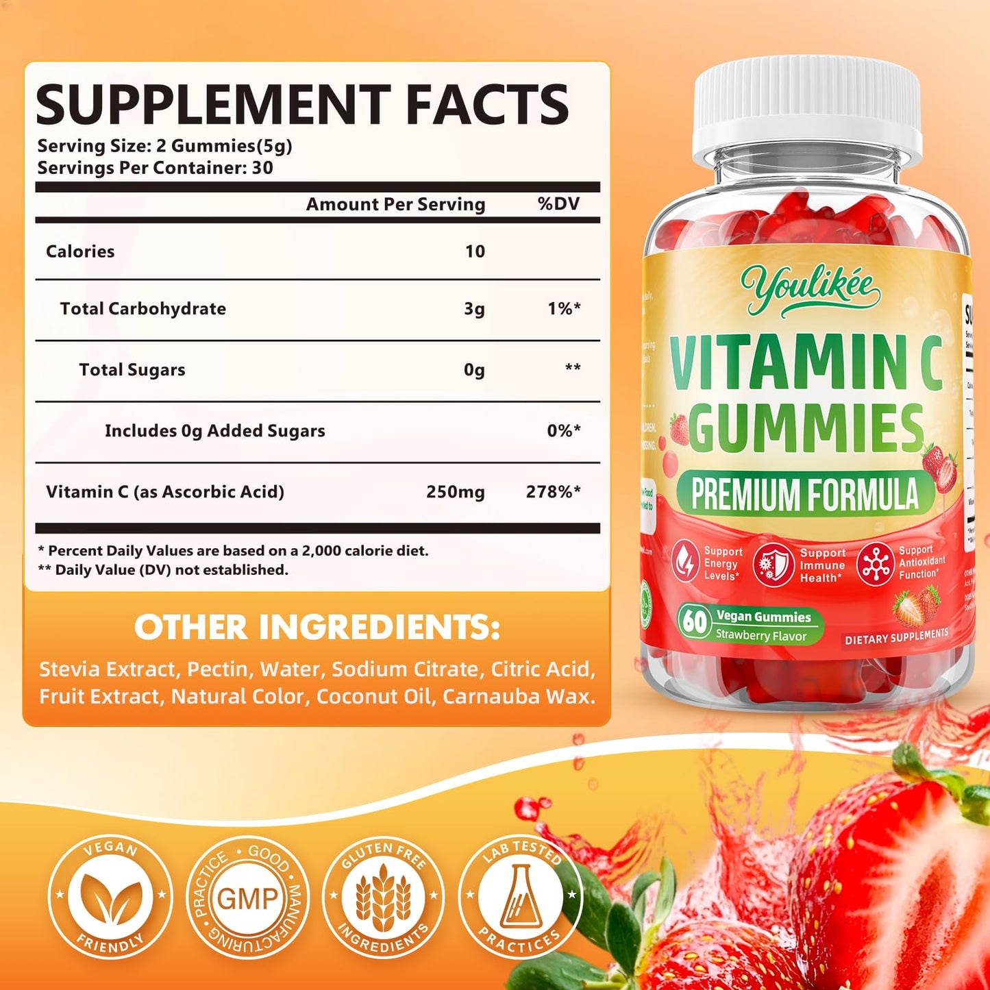 Youlikee Vitamin C Gummies for Adults, Immune Support for Energy, 60 Count Gummies