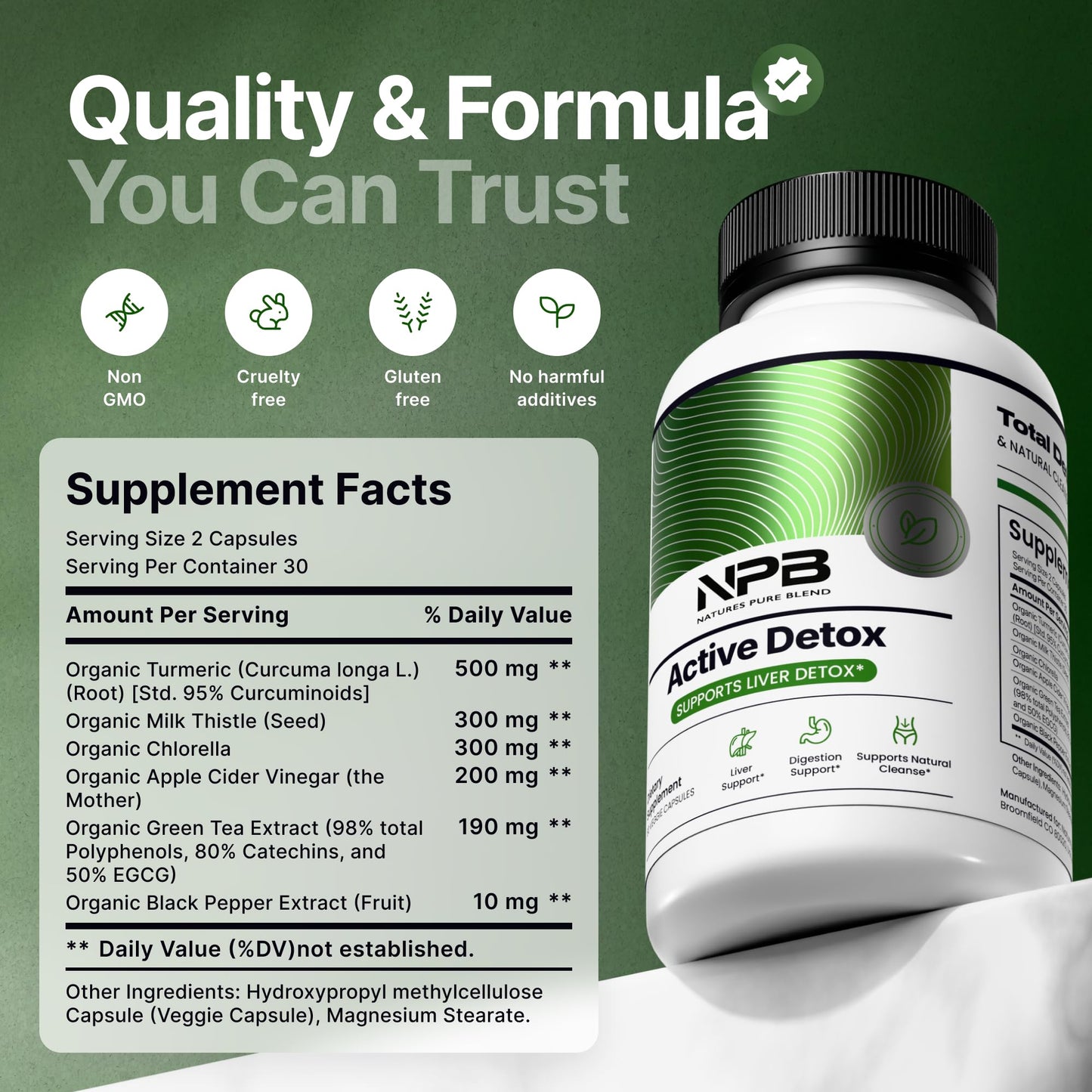 Nature's Pure Blend Active Detox Cleanse – Organic Turmeric Supplement with Apple Cider Vinegar for Digestive Support – Body Detox for Men to Promote Balance & Vitality – Green Tea & Milk Thistle Capsule 60 Count