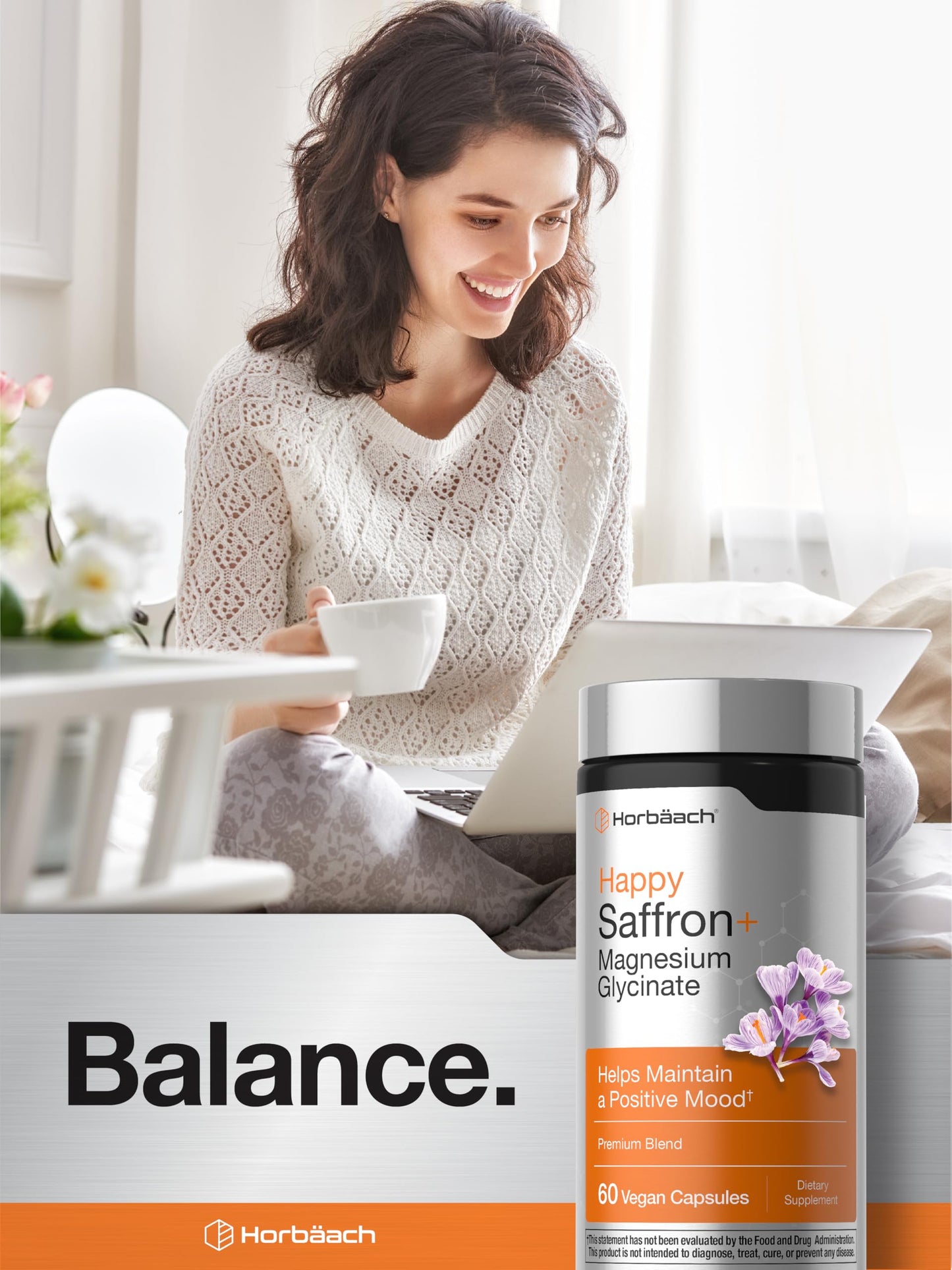 Horbäach Saffron + Magnesium Glycinate Supplement Vegan Capsules, 60 Count