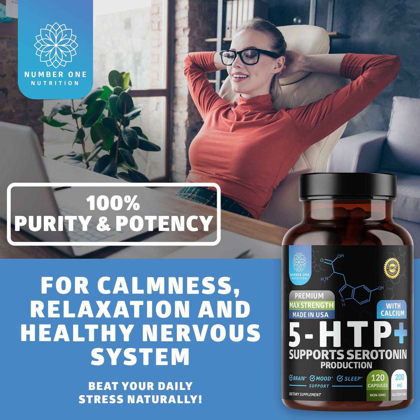Number One Nutrition N1N Premium 5-HTP 200mg Plus Calcium Capsules, 120 Count