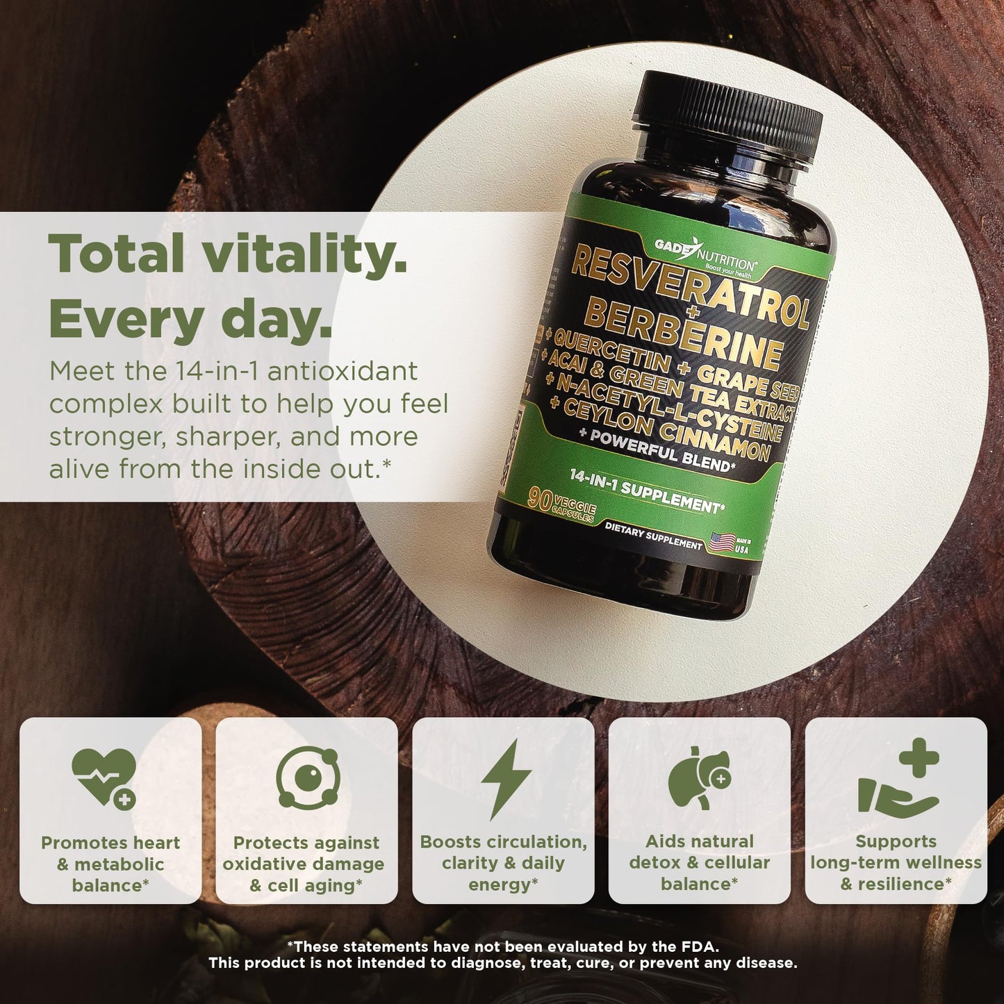 GADE NUTRITION BOOST YOUR HEALTH Resveratrol Berberine Quercetin Grape Seed Extract Green Tea Extract N-Acetyl Cysteine - 14 in 1 Complex Supplement for Women & Men with Potent Antioxidants 90 Capsules