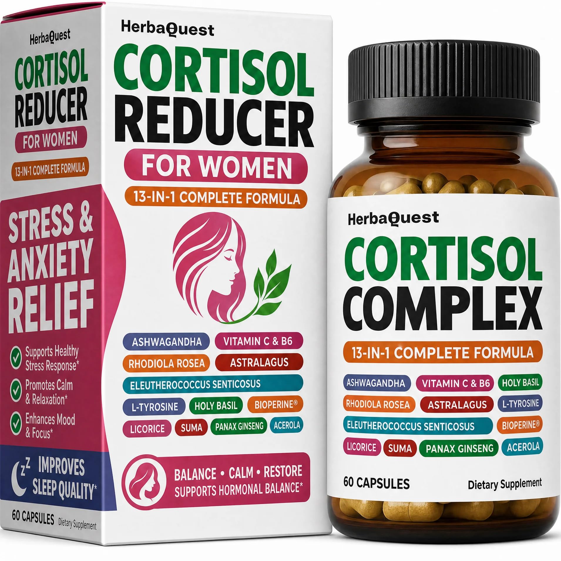 HerbaQuest Cortisol Reducer for Women – Rhodiola Rosea Supplement with Ashwagandha & L-Tyrosine, 13-in-1 Best Supplement to Reduce Cortisol, 60 Capsules
