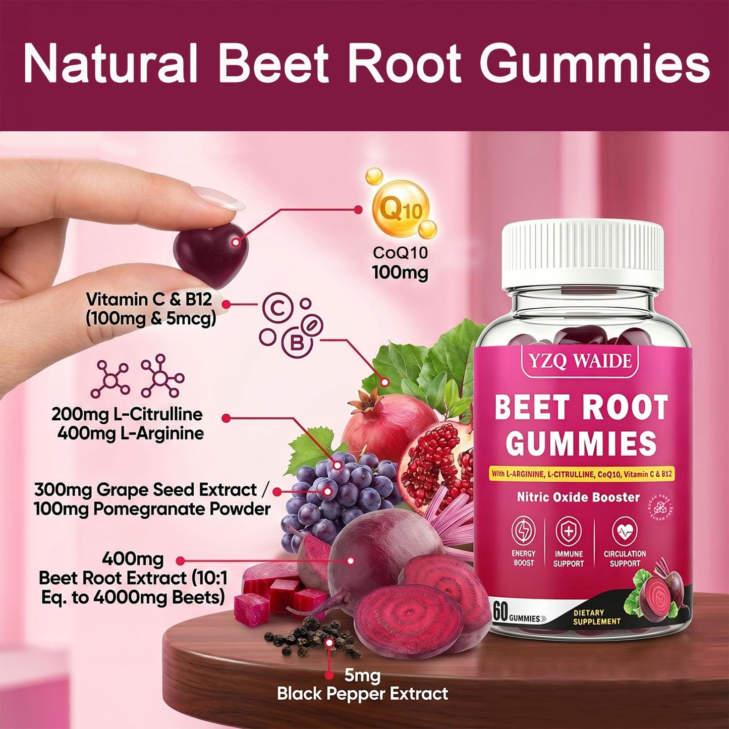 YZQ WAIDE Beet Root Gummies 60 Count