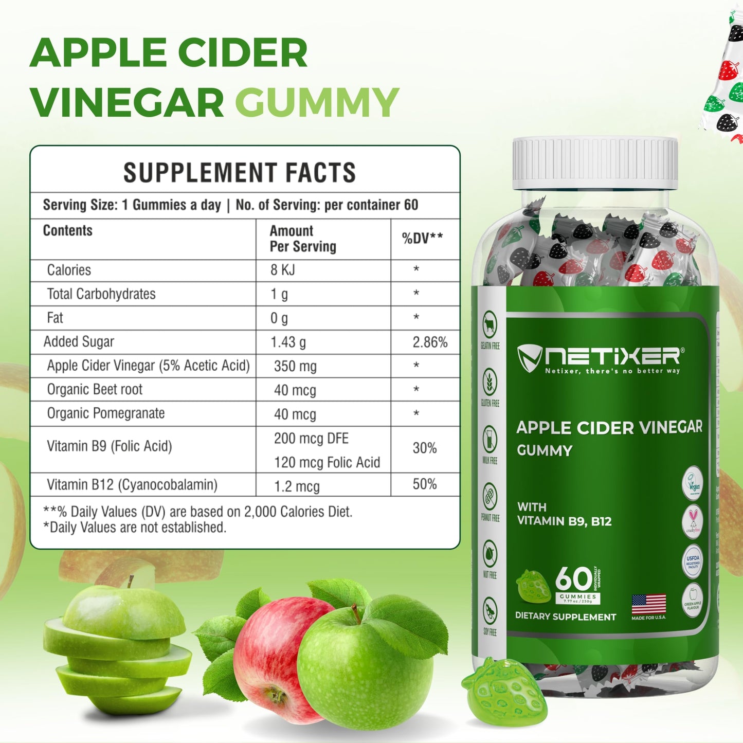 nETiXER Apple Cider Vinegar Gummies – 350mg per Gummy – with Vitamin B9 & B12 – Vegan Pectin – Individually Wrapped, 60 Gummies