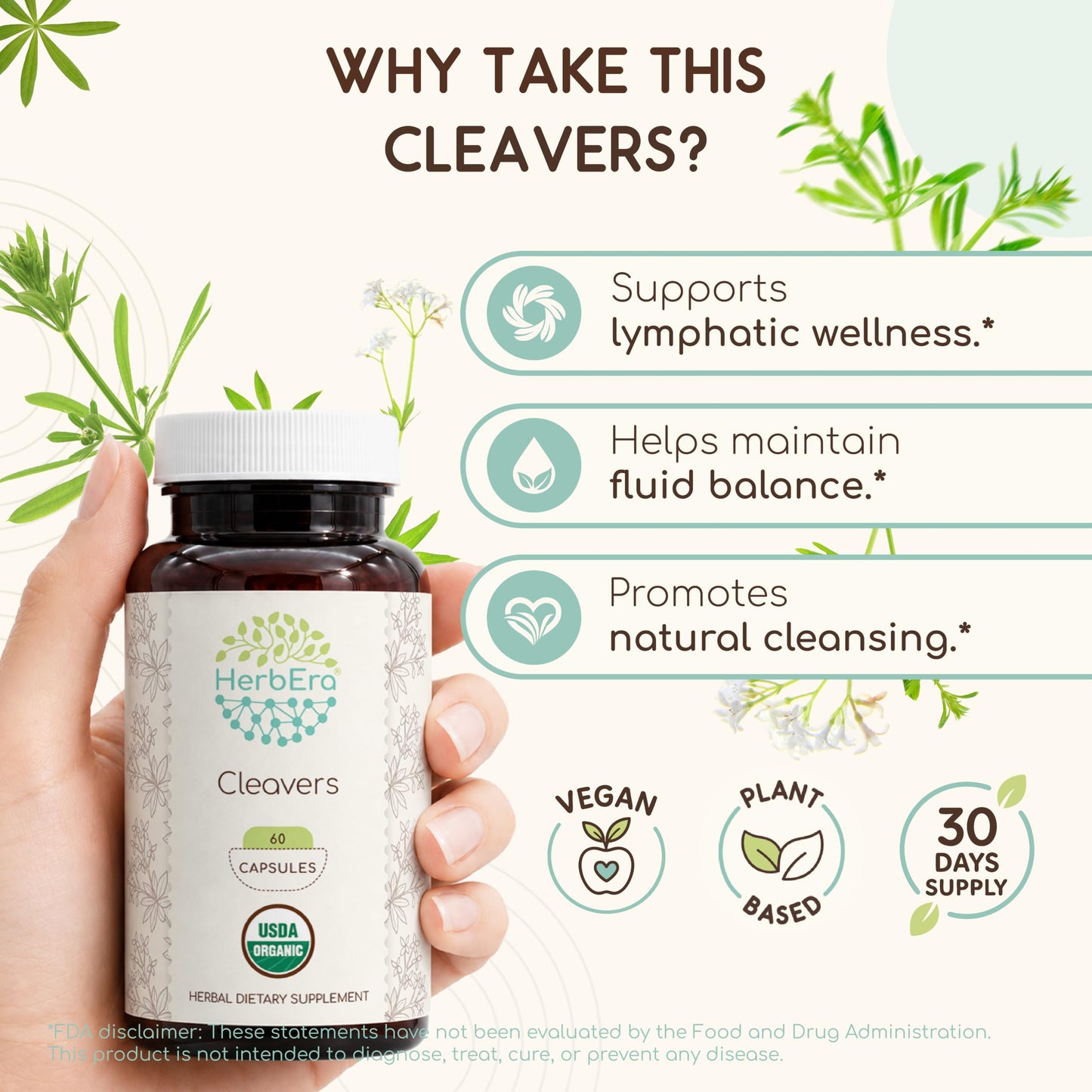 HerbEra USDA Organic Cleavers Capsules, 60 Capsules