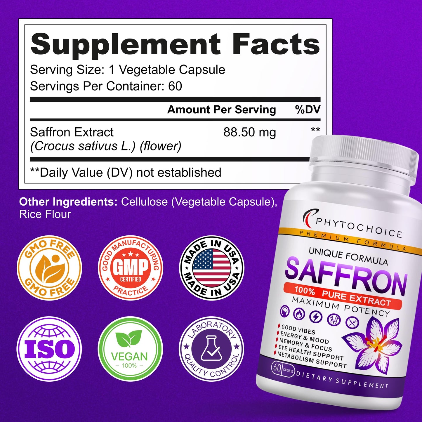 PHYTOCHOICE Saffron Extract Capsules 88.5 mg, 120 Capsules