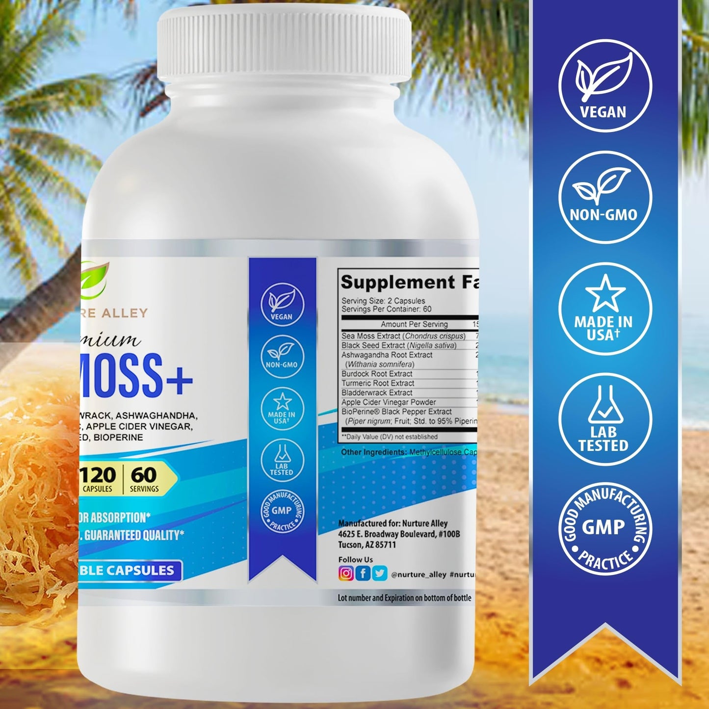 NURTURE ALLEY 8-in-1 Sea Moss & Black Seed Complex with Ashwagandha, Turmeric, Burdock, Bladderwrack, Apple Cider Vinegar & BioPerine Capsule, 120 Count