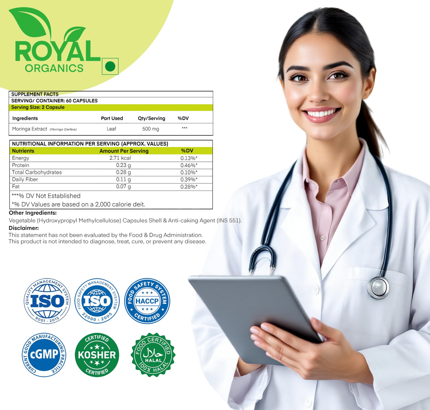 Royal Organics Moringa Capsule Supplement, 10:1 Extract, 500 mg, 60 Veggie Capsules