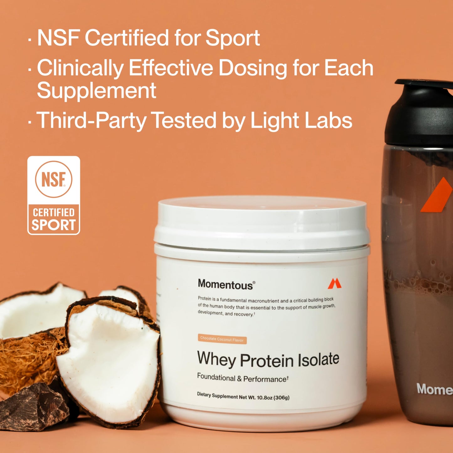 Momentous Essential Grass-Fed Whey Protein Powder, Chocolate Coconut, 12 Servings