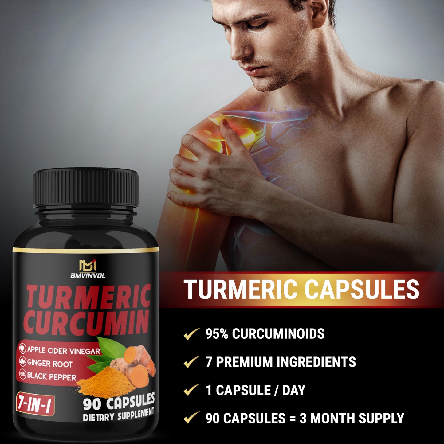 BMVINVOL Turmeric Curcumin with 95% Curcuminoids & Apple Cider Vinegar, Ginger Root & Black Pepper for Advanced Absorption Capsules, 90 Count