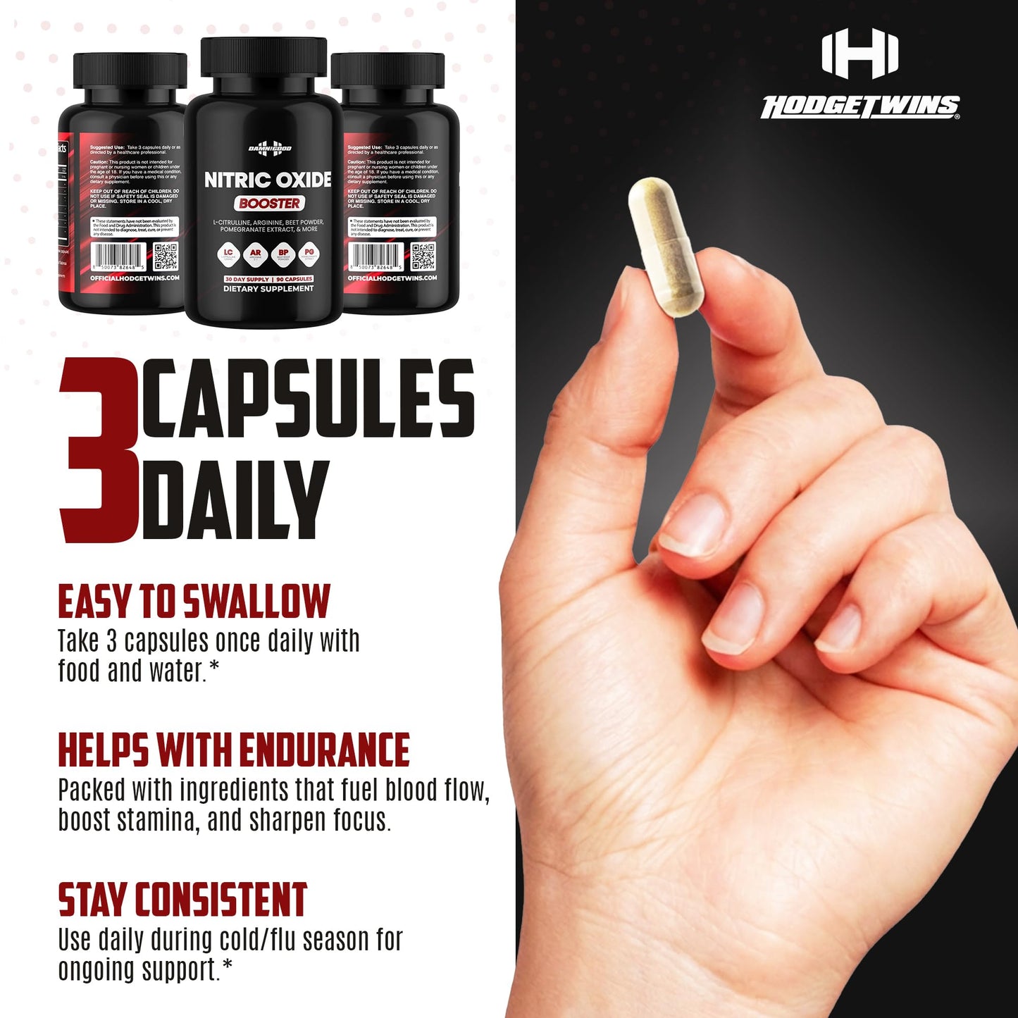 DAMN GOOD Hodge Twins Nitric Oxide, L-Arginine & L-Citrulline Capsules 90 Count