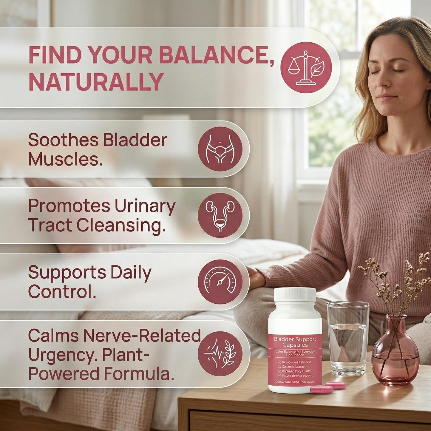 SUUDUUL Bladder Control, Urinary Support Supplement – Pumpkin Seed, D-Mannose, Cranberry & Hibiscus – Non-GMO, Vegan, Daily Formula – 60 Capsules