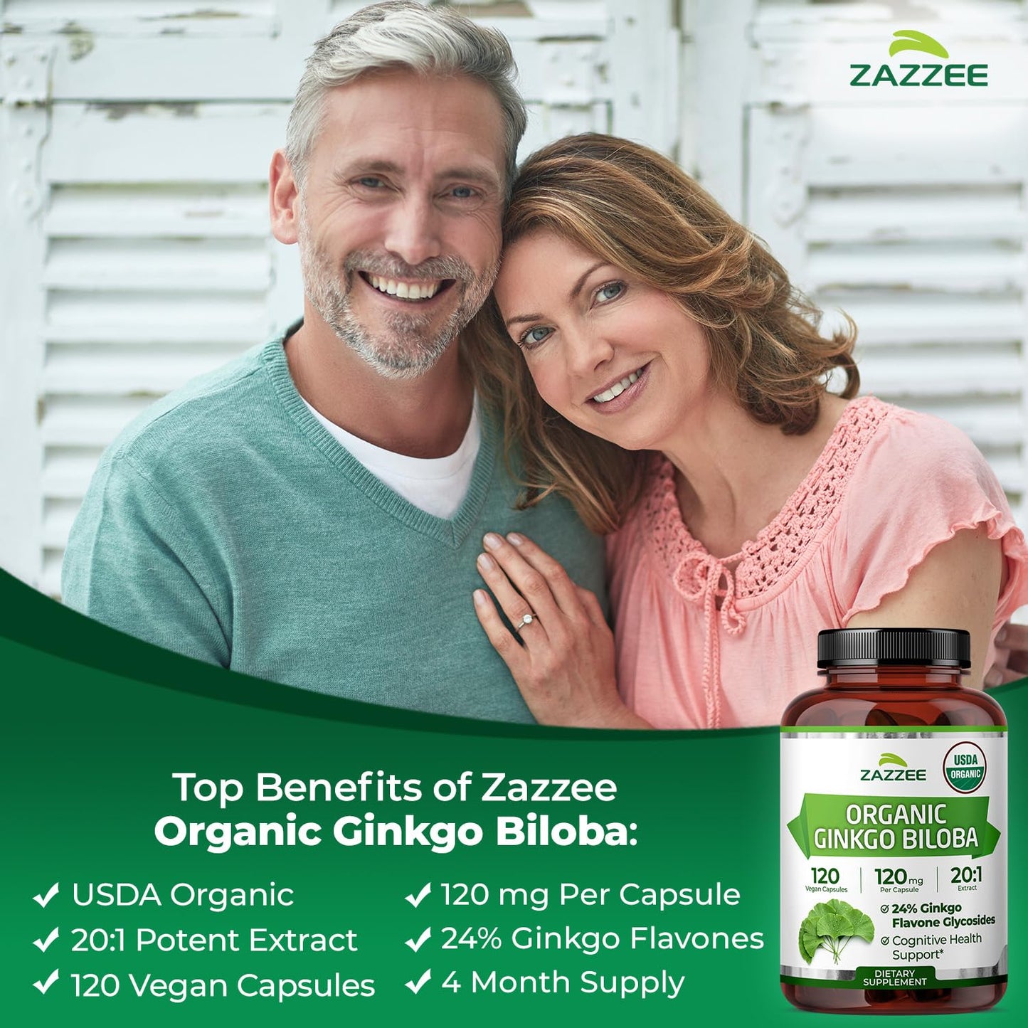 Zazzee Ginkgo Biloba 20:1 Extract Vegan Capsules, 120 Count